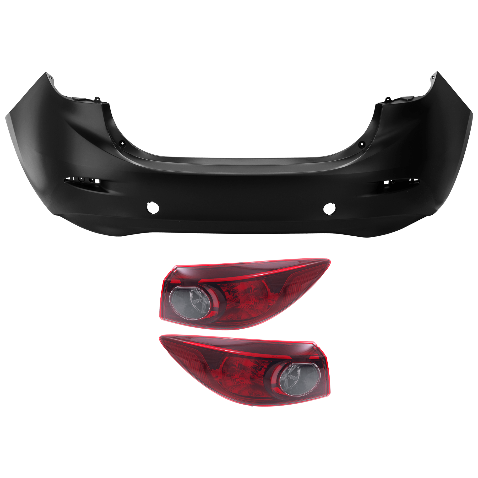 AM MAZDA 3-14-15 REAR BUMPER COVER 3 pc Kit Primed w Tow Hook Hole w o License Plate Provision and Parking Aid Sensor Holes with Tail Light CAPA SKU KIT 081526 GB826 Partslink MA1100215C MA2805123C MA2804123C OEM BJS750221ABB BJT151150A BJT151