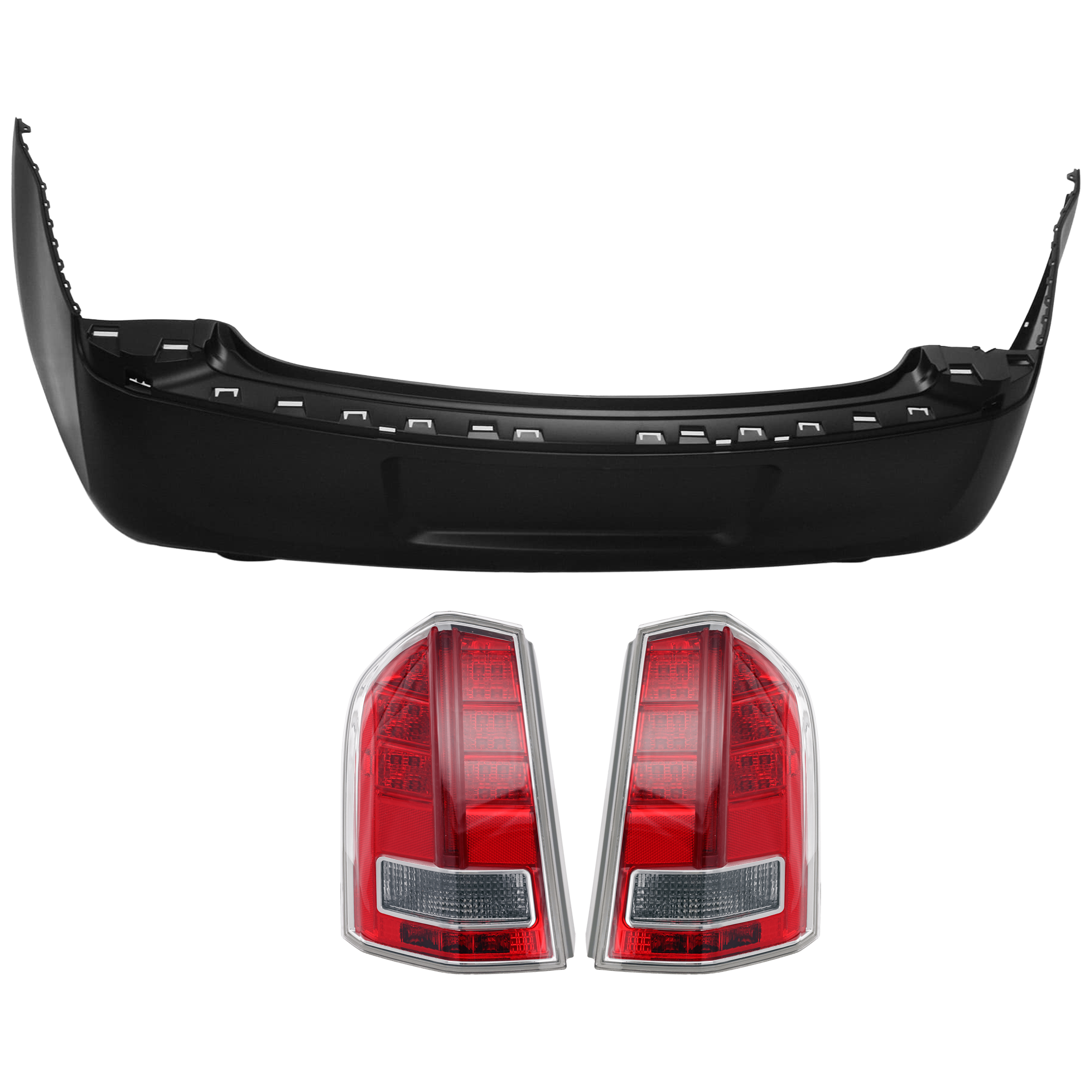AM CHRYSLER 300-11-12 REAR BUMPER COVER 3 pc Kit Primed w Dual Exhaust Cut Outs and License Plate Provision w o Tow Hook Hole and Parking Aid Sensor Holes with Tail Light SKU KIT 081526 GB836 Partslink CH1100966 CH2801200 OEM 68127950AC 68042172AE 68042171