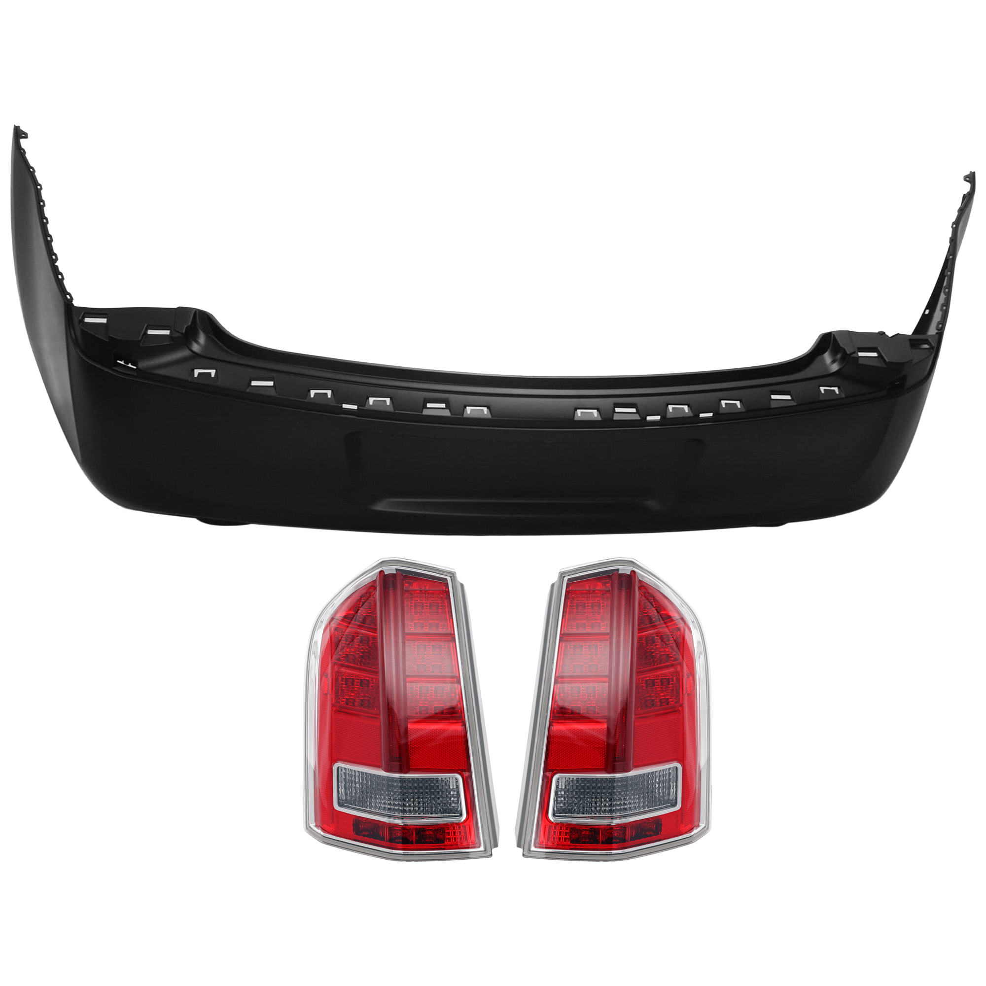 AM CHRYSLER 300-11-13 REAR BUMPER COVER 3 pc Kit Primed w Dual Exhaust Cut Outs and License Plate Provision w o Tow Hook Hole and Parking Aid Sensor Holes with Tail Light SKU KIT 081526 GB837 OEM 68127950AC 68042170AE PFM 6804