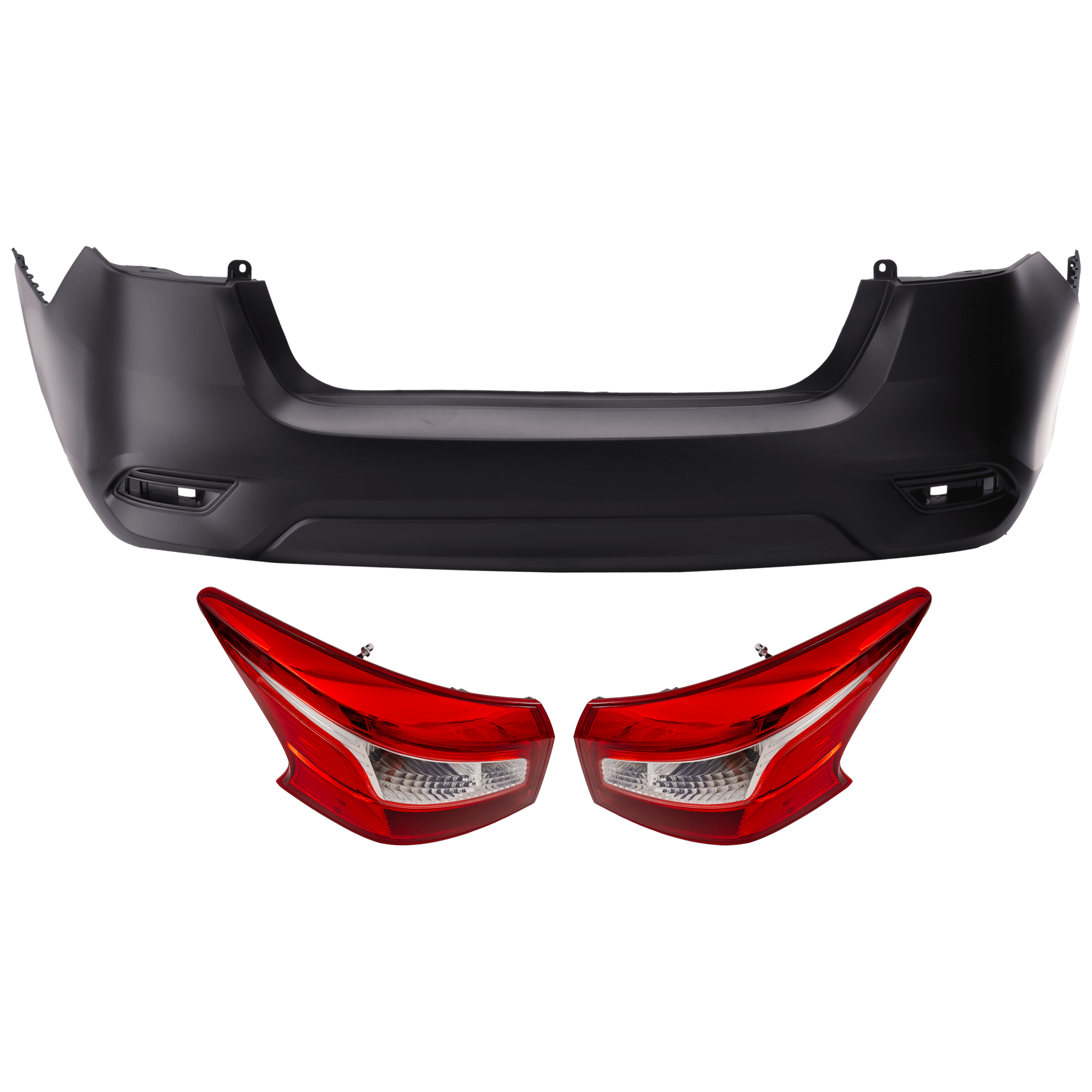 AM SENTRA 16-19 REAR BUMPER COVER 3 pc Kit Primed w o Parking Aid Sensor Holes with Tail Light SKU KIT 081526 GB856 Partslink NI1100312 NI2805108 NI2804108 OEM 850223YU0J 265503YU0A 265553YU