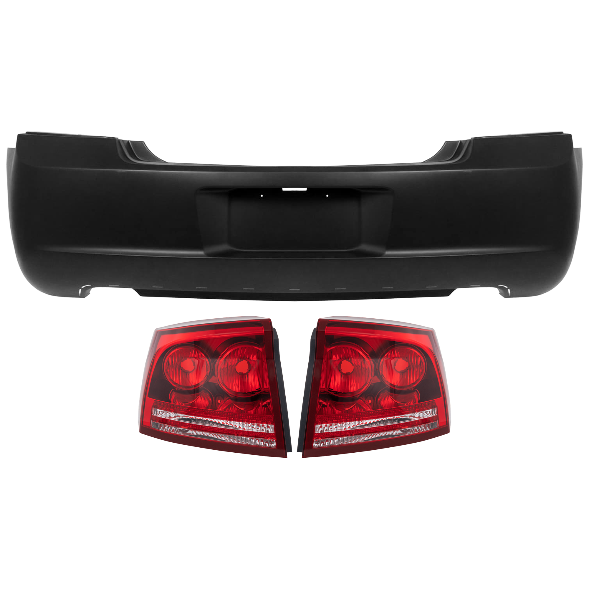 AM CHARGER 06-08 REAR BUMPER COVER 3 pc Kit Primed w License Plate Provision w o Tow Hook Hole and Parking Aid Sensor Holes with Tail Light SKU KIT 081526 GB867 Partslink CH1100897 CH2819105 CH2818105 OEM 5030047AC 5174406AA 5174407AA