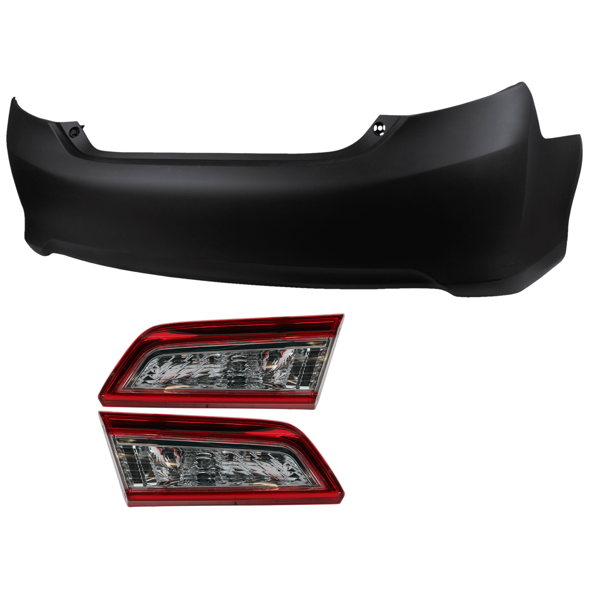 AM CAMRY 12-14 REAR BUMPER COVER 3 pc Kit Primed w o License Plate Provision Tow Hook Hole and Parking Aid Sensor Holes with Tail Light SKU KIT 081526 GB871 Partslink TO1100296 TO2803111 TO2802111 OEM 5215906961-8158006380-81590063
