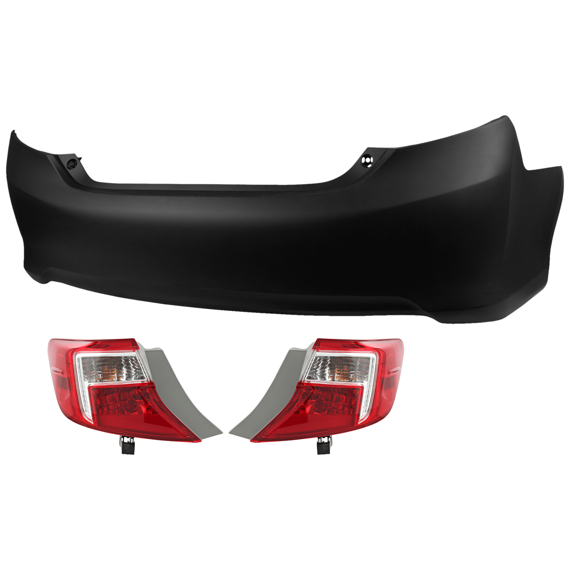 AM CAMRY 12-14 REAR BUMPER COVER 3 pc Kit Primed w o License Plate Provision Tow Hook Hole and Parking Aid Sensor Holes with Tail Light SKU KIT 081526 GB872 Partslink TO1100296 TO2805114 TO2804114 OEM 5215906961-8155006470-81560064