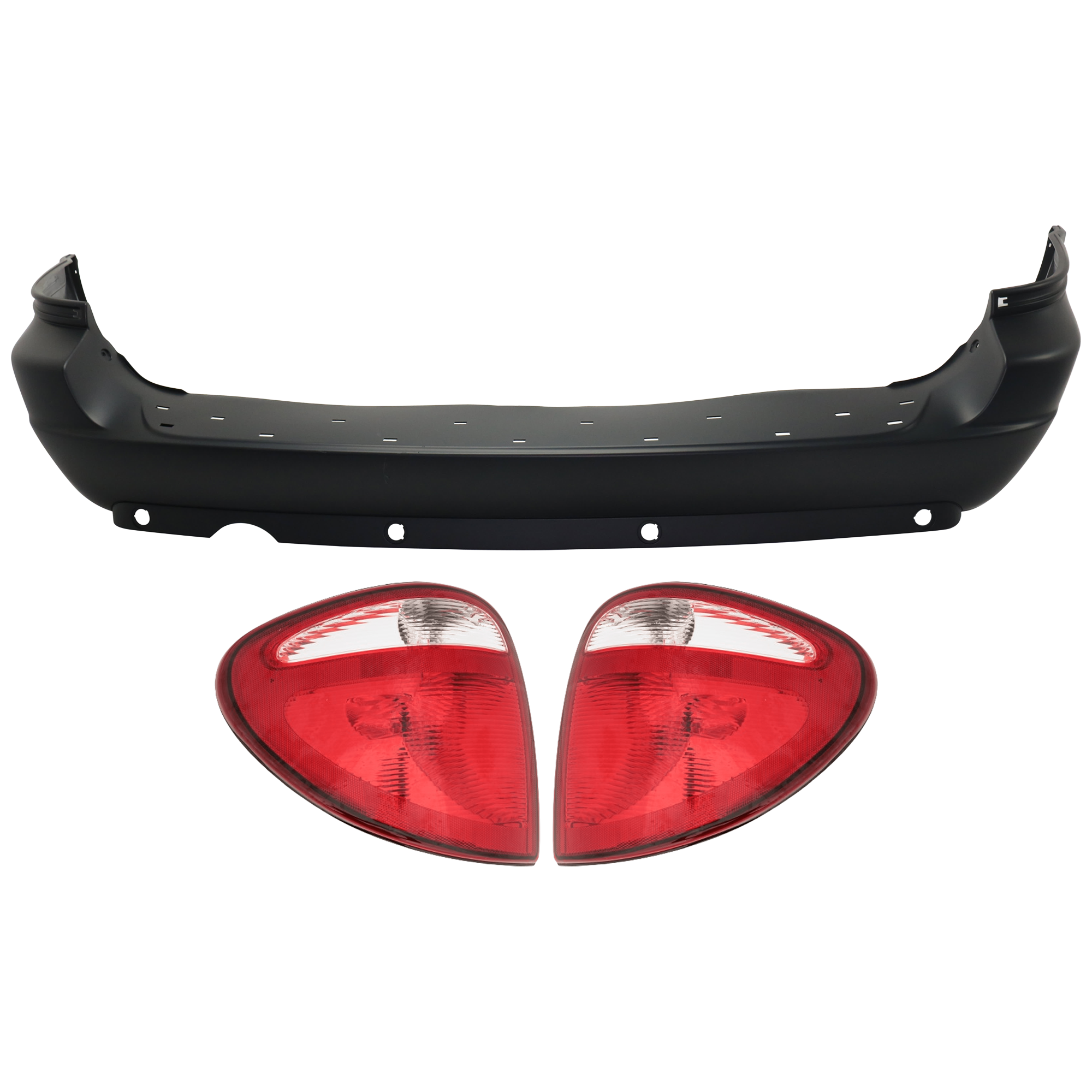 AM TOWN COUNTRY GRAND CARAVAN 05-07 REAR BUMPER COVER 3 pc Kit Primed w Parking Aid Sensor Holes w o License Plate Provision and Tow Hook Hole with Tail Light SKU KIT 081526 GB876 Partslink CH1100314 CH2801157 CH2800157 OEM 5139124AA 68241334AA 68241335A