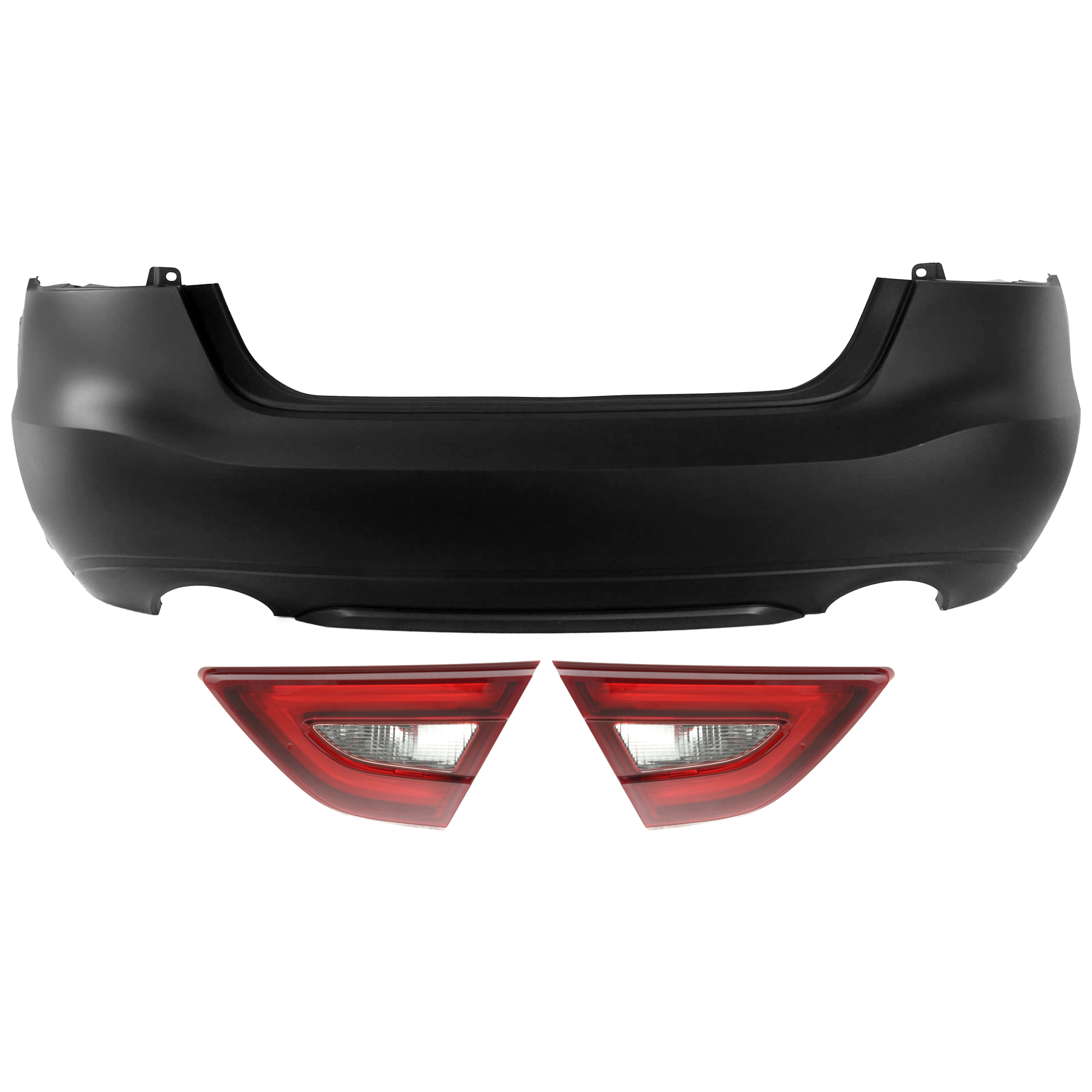 AM MAXIMA 16-18 REAR BUMPER COVER 3 pc Kit Primed w o License Plate Provision Tow Hook Hole and Parking Aid Sensor Holes with Tail Light SKU KIT 081526 GB877 Partslink NI1100307 NI2803105 NI2802105 OEM 850224RA0H 265404RA1A 265454RA