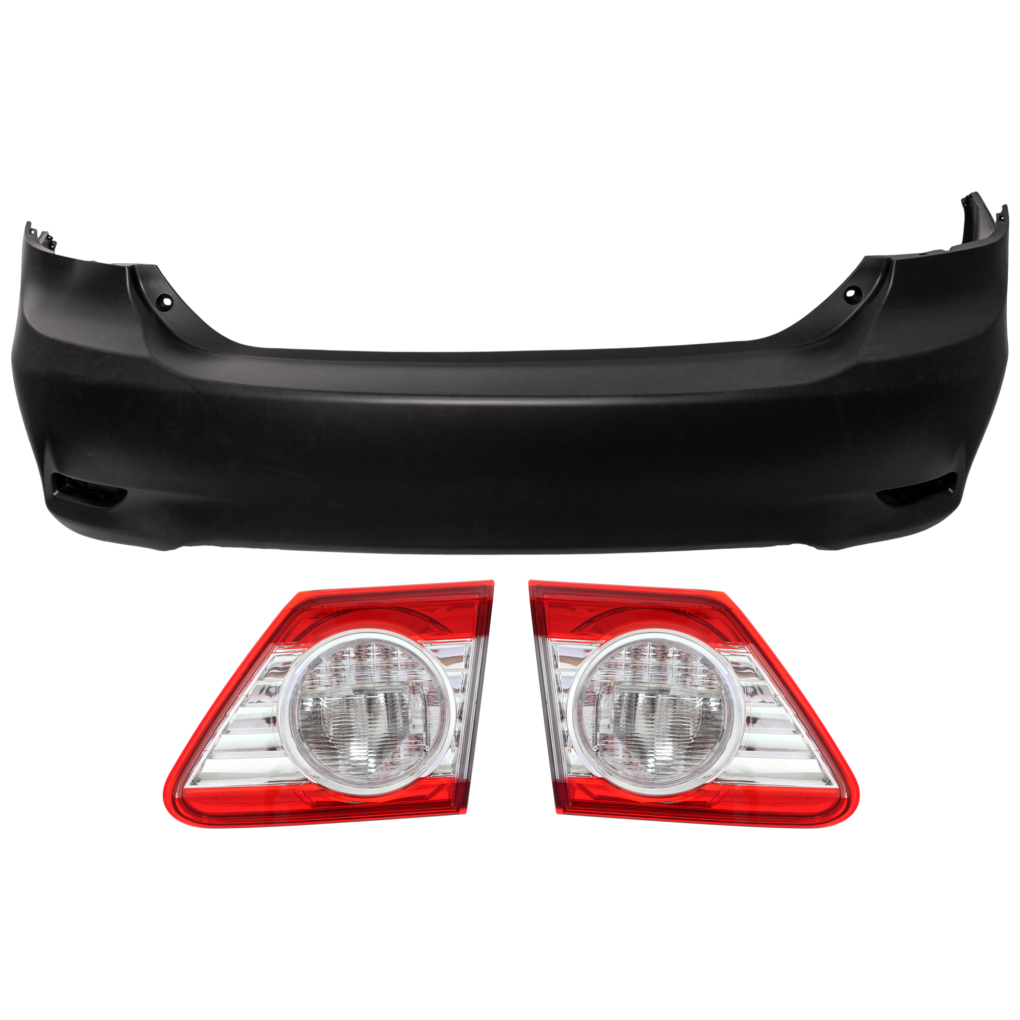 AM COROLLA 11-13 REAR BUMPER COVER 3 pc Kit Primed w o Spoiler Holes License Plate Provision Tow Hook Hole and Parking Aid Sensor Holes with Tail Light SKU KIT 081526 GB882 Partslink TO1100287 TO2803107 TO2802107 OEM 5215902977-8158002290-81590022