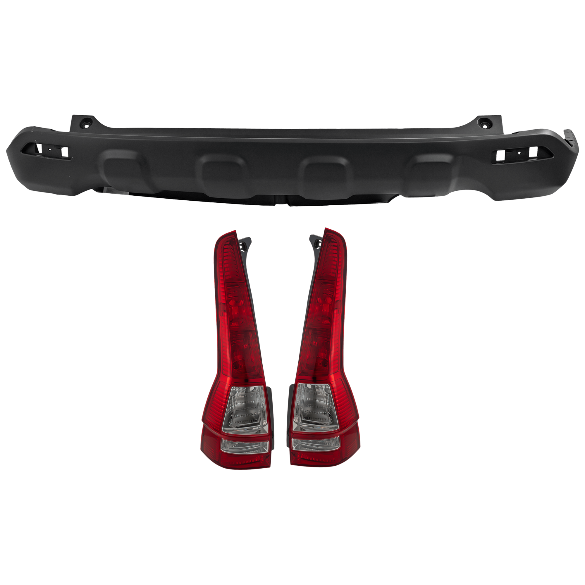 AM CR V 07-09 REAR BUMPER COVER Center 3 pc Kit Textured w o Parking Aid Sensor Holes with Tail Light SKU KIT 081526 GB904 Partslink HO1100241 HO2801173 HO2800173 OEM 04715SWAA90-33501SWAA02-33551S