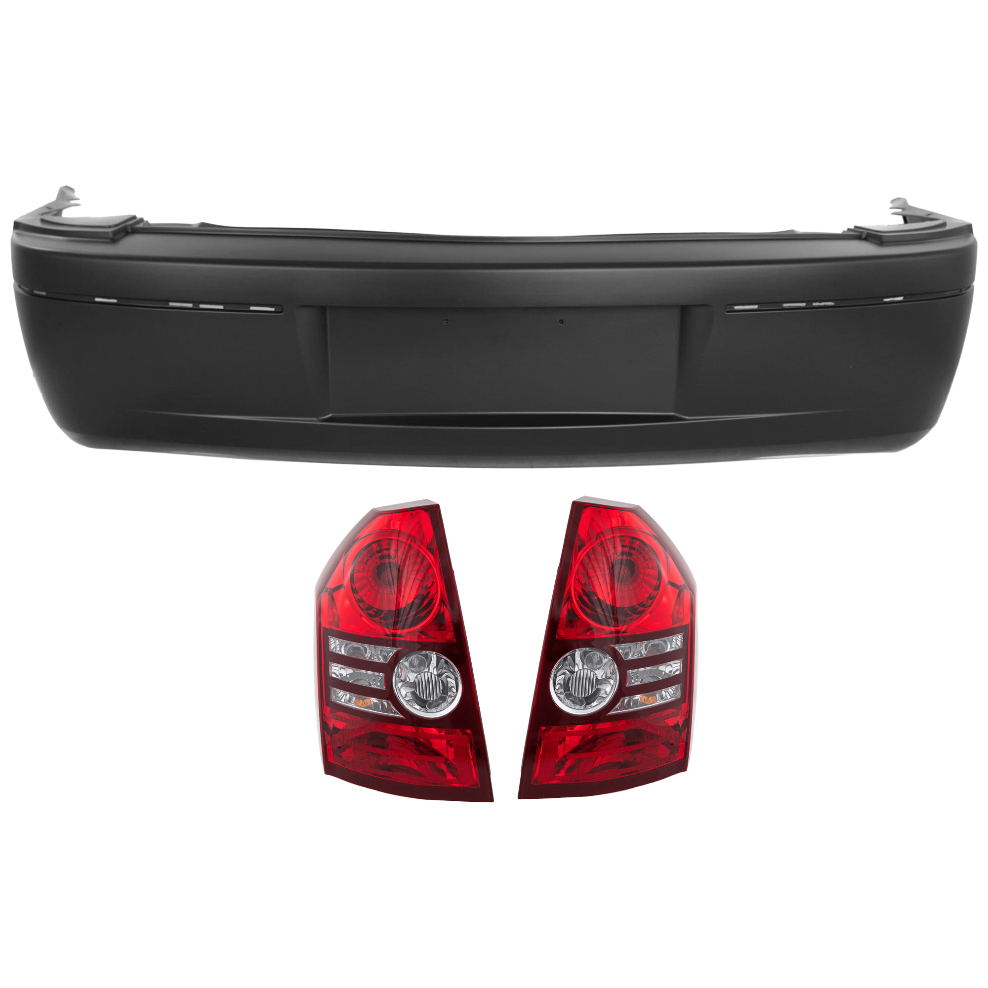AM CHRYSLER 300-08-10 REAR BUMPER COVER 3 pc Kit Primed w License Plate Provision w o Tow Hook Hole and Parking Aid Sensor Holes with Tail Light SKU KIT 081526 GB908 Partslink CH1100320 CH2819117 CH2818117 OEM 4805777AC 4806370AD 4806371AD
