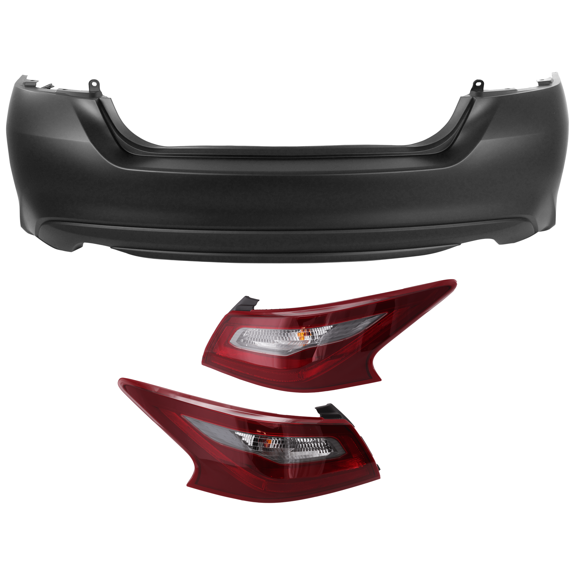 AM ALTIMA 18-18 REAR BUMPER COVER 3 pc Kit Primed w o License Plate Provision Tow Hook Hole and Parking Aid Sensor Holes with Tail Light SKU KIT 081526 GB909 Partslink NI1100309 NI2805112 NI2804112 OEM 850229HS0H 265509HU0A 265559HU