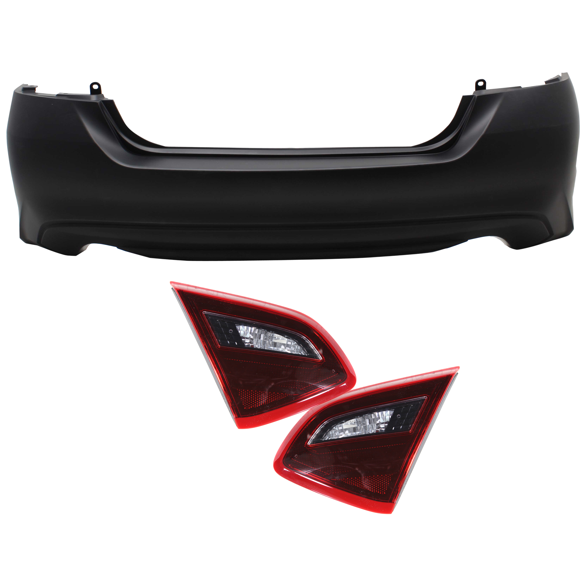 AM ALTIMA 17-18 REAR BUMPER COVER 3 pc Kit Primed w o License Plate Provision Tow Hook Hole and Parking Aid Sensor Holes with Tail Light CAPA SKU KIT 081526 GB919 Partslink NI1100309C NI2803112C NI2802112C OEM 850229HS0H 265409HS1A 265459HS