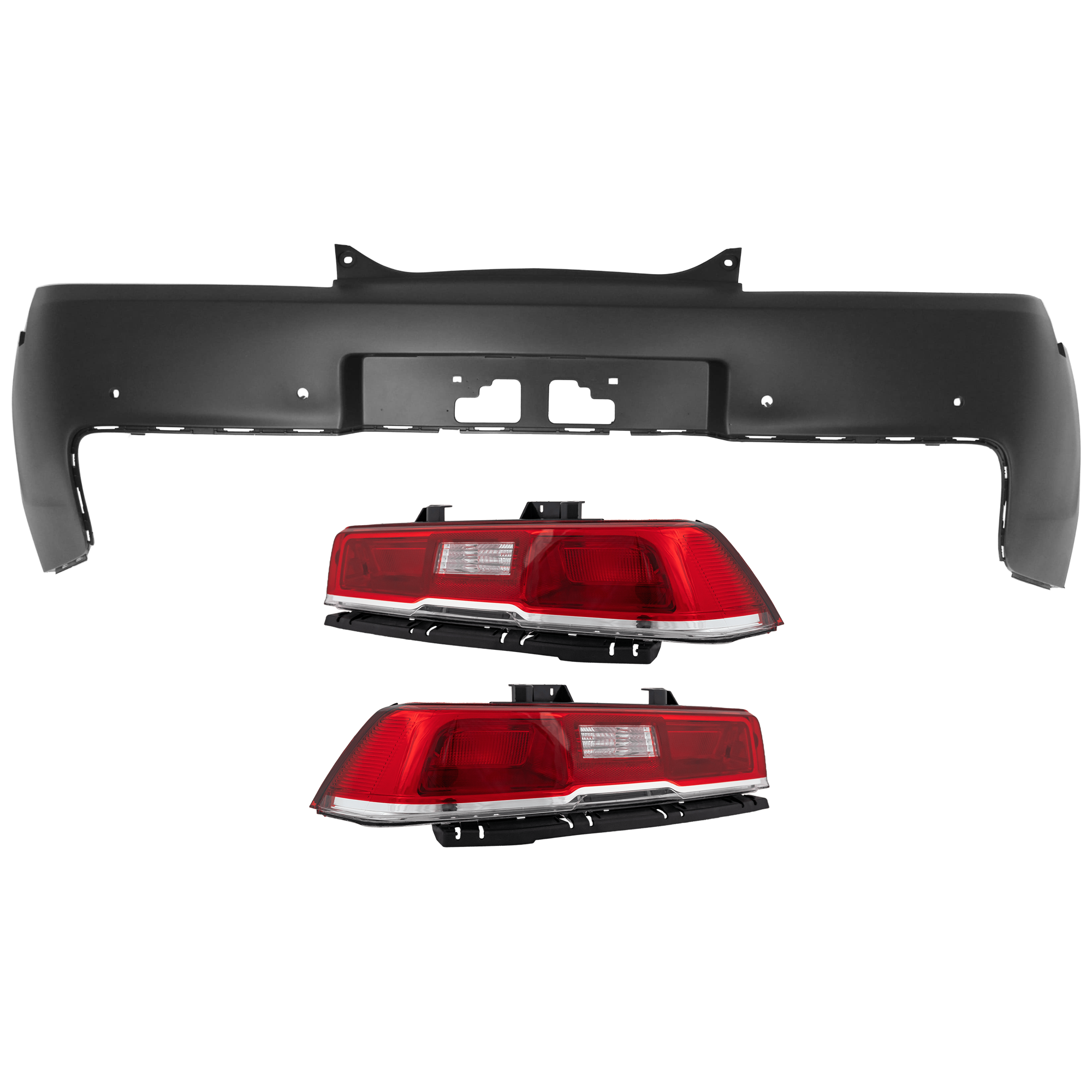 AM CAMARO 14-15 REAR BUMPER COVER 3 pc Kit Primed w Parking Aid Sensor Holes w o License Plate Provision and Tow Hook Hole with Tail Light SKU KIT 081526 GB921 Partslink GM1114107 GM2801265 GM2800265 OEM 23164145-23489170-23256981