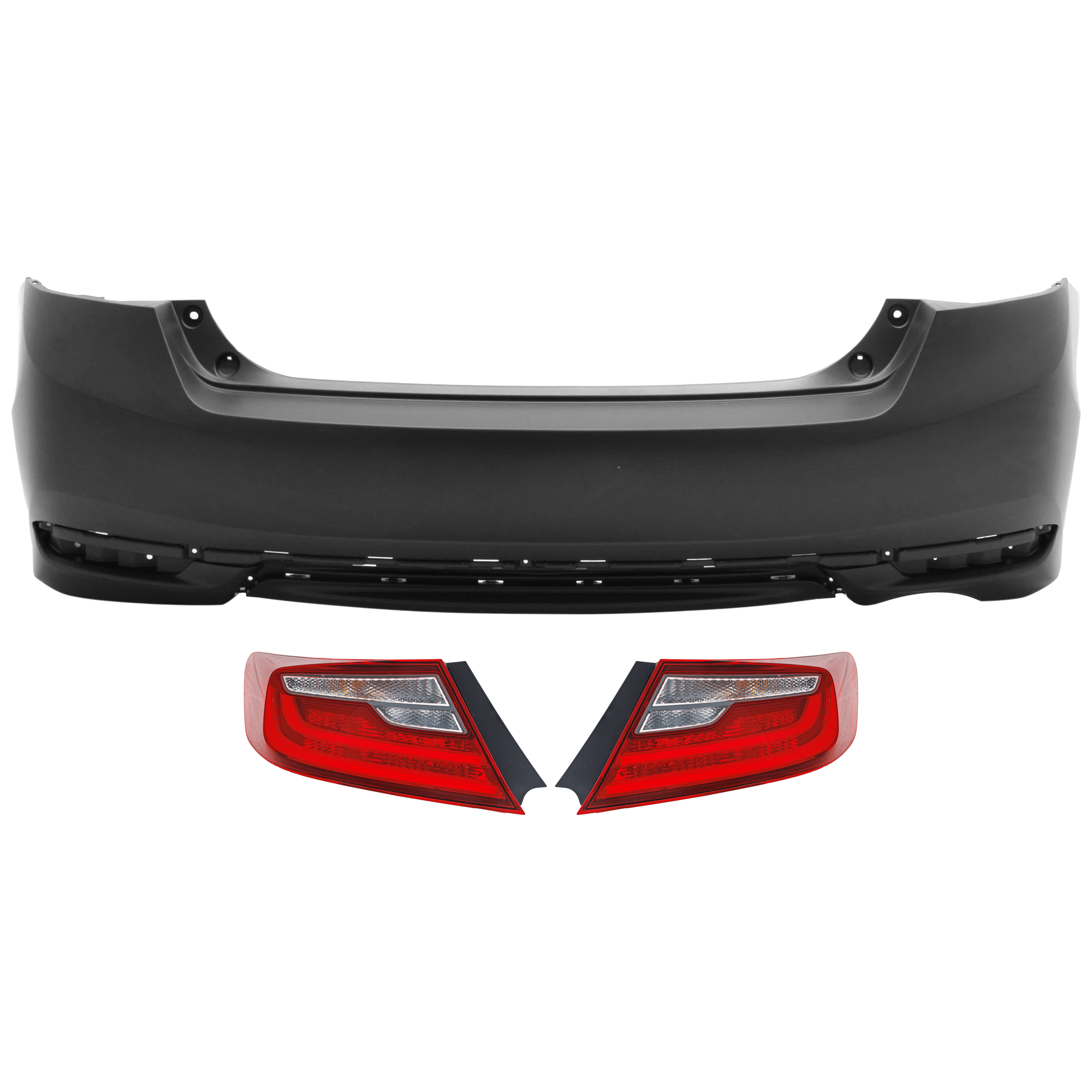 AM ACCORD 16-17 REAR BUMPER COVER 3 pc Kit Primed w o Parking Aid Sensor Holes with Tail Light SKU KIT 081526 GB933 Partslink HO1100290 HO2801192 HO2800192 OEM 71501T2FA50ZZ 33500T3LA11-3355
