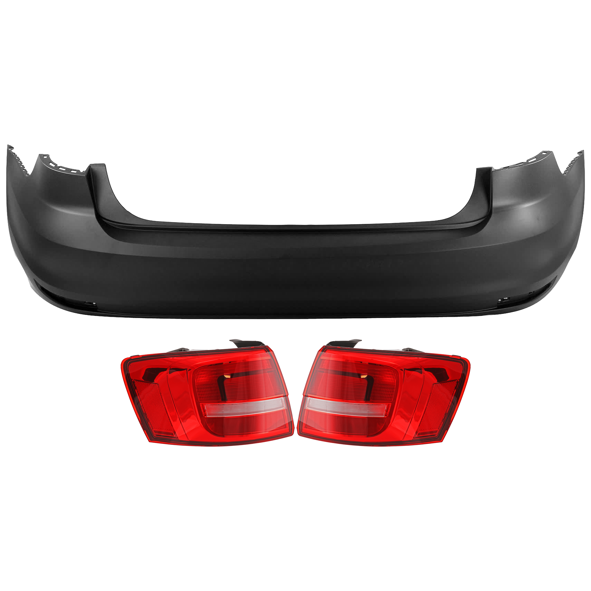 AM JETTA 15-15 REAR BUMPER COVER 3 pc Kit Primed w o Parking Aid Sensor Holes with Tail Light SKU KIT 081526 GB936 Partslink VW1100208 VW2805112 VW2804112 OEM 5C6807421HGRU 5C6945096F 5C694