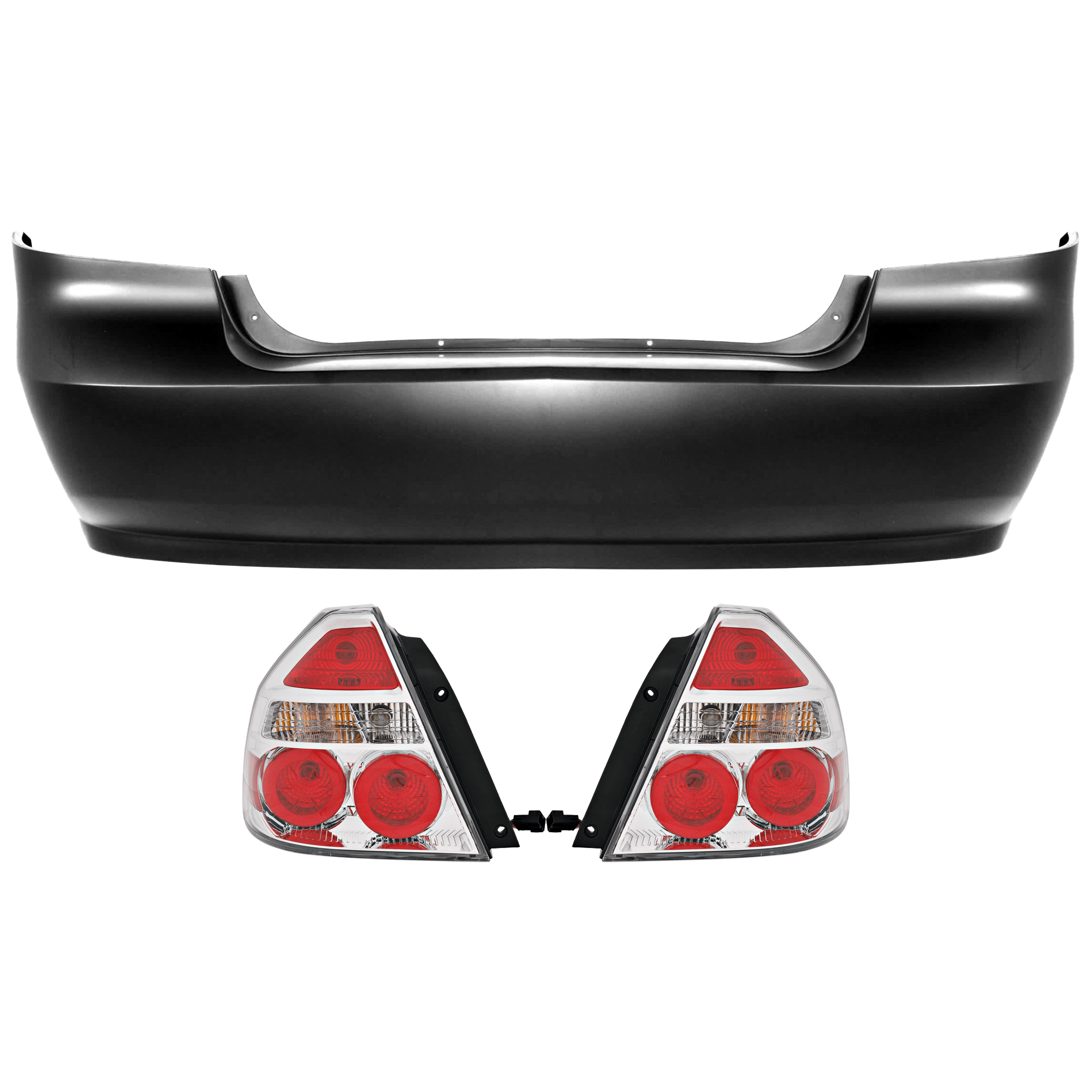 AM AVEO 07-08 REAR BUMPER COVER 3 pc Kit Primed w o License Plate Provision Tow Hook Hole and Parking Aid Sensor Holes with Tail Light SKU KIT 081526 GB948 Partslink GM1100791 GM2801203 GM2800203 OEM 95978858-96650772-96650771