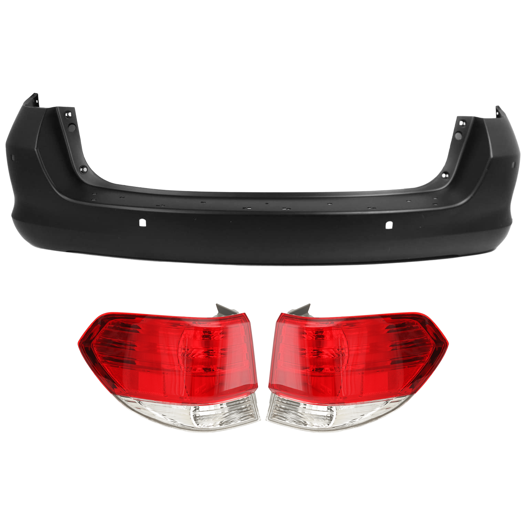 AM ODYSSEY 08-10 REAR BUMPER COVER 3 pc Kit Primed w Parking Aid Sensor Holes w o License Plate Provision and Tow Hook Hole with Tail Light SKU KIT 081526 GB949 Partslink HO1100221 HO2819134 HO2818134 OEM 04715SHJA82ZZ 33501SHJA51-3355