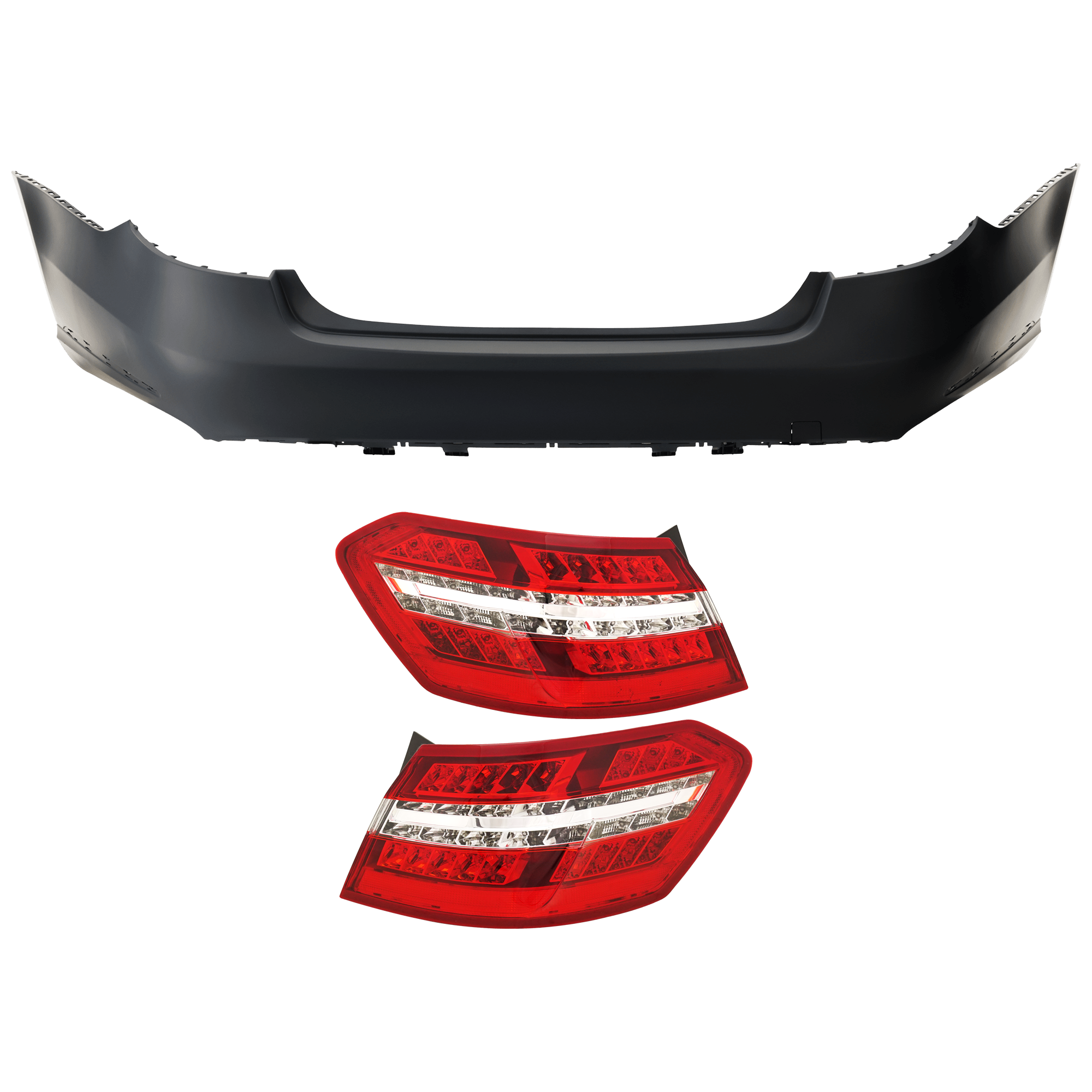 AM E63 AMG 10-13 REAR BUMPER COVER Lower 3 pc Kit Primed with Tail Light SKU KIT 081526 GB958 Partslink MB1100334 MB2805106 MB2804106 OEM 21288582259999-2129060858-2129