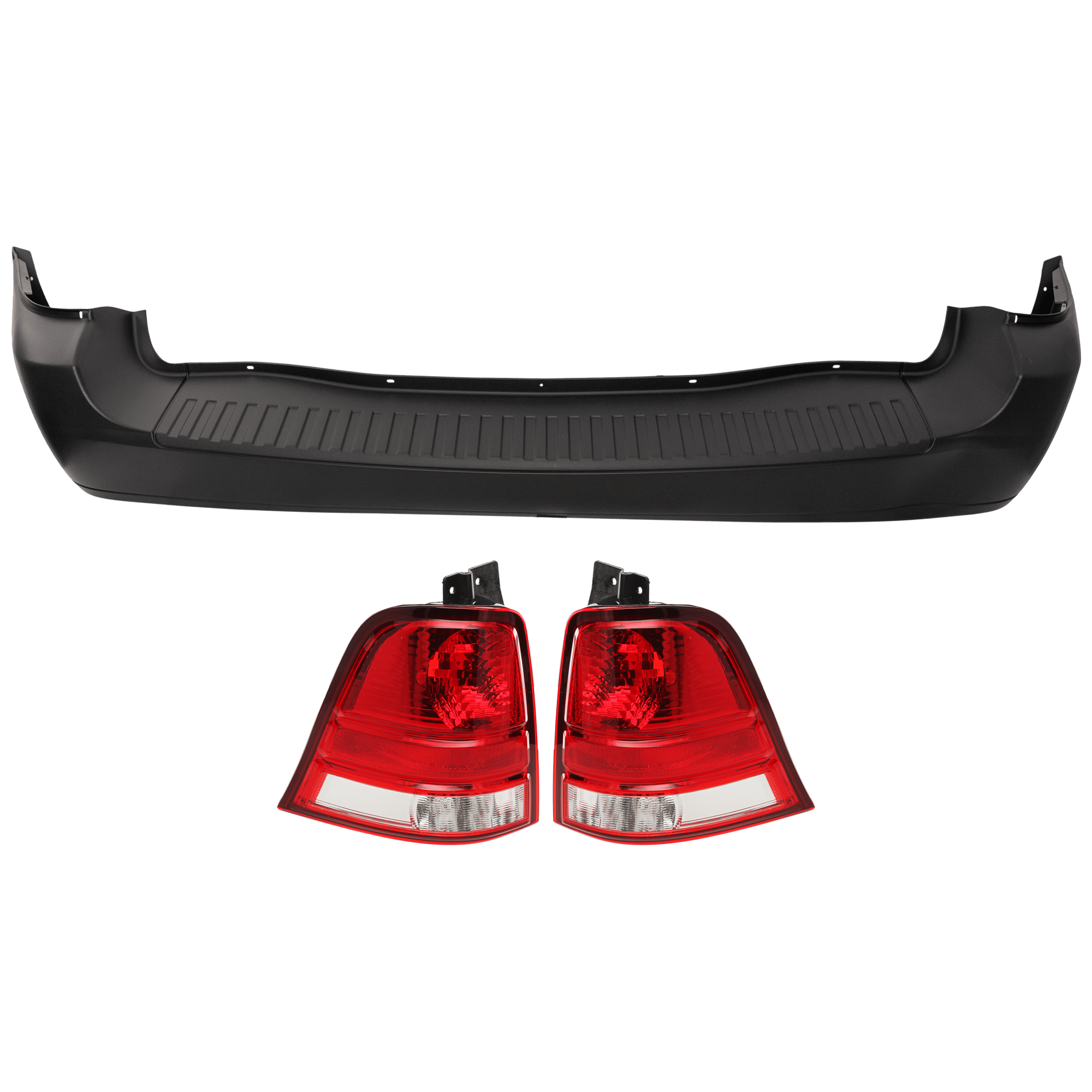AM FREESTAR 04-07 REAR BUMPER COVER 3 pc Kit Primed w o License Plate Provision Tow Hook Hole and Parking Aid Sensor Holes with Tail Light SKU KIT 081526 GB961 Partslink FO1100367 FO2801183 OEM 3F2Z17K835PAA 6F2Z13404AA PFM