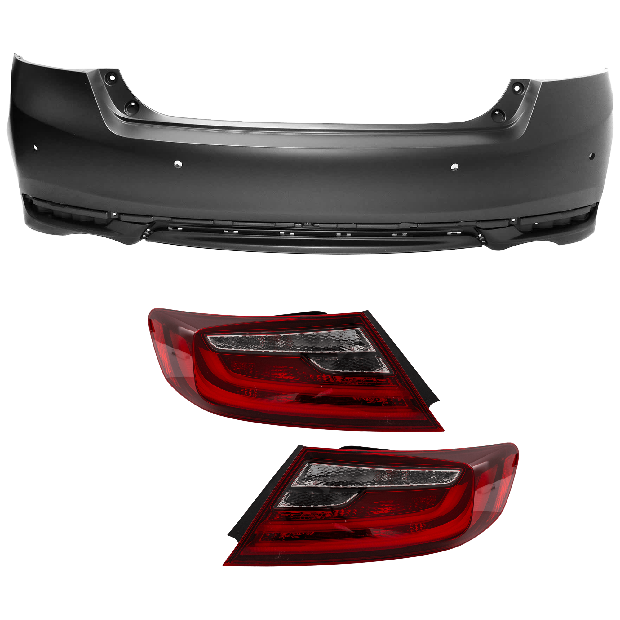 AM ACCORD 16-17 REAR BUMPER COVER 3 pc Kit Primed w Parking Aid Sensor Holes with Tail Light SKU KIT 081526 GB984 Partslink HO1100293 HO2801192 HO2800192 OEM 71500T2FA80ZZ 33500T3LA11-3355