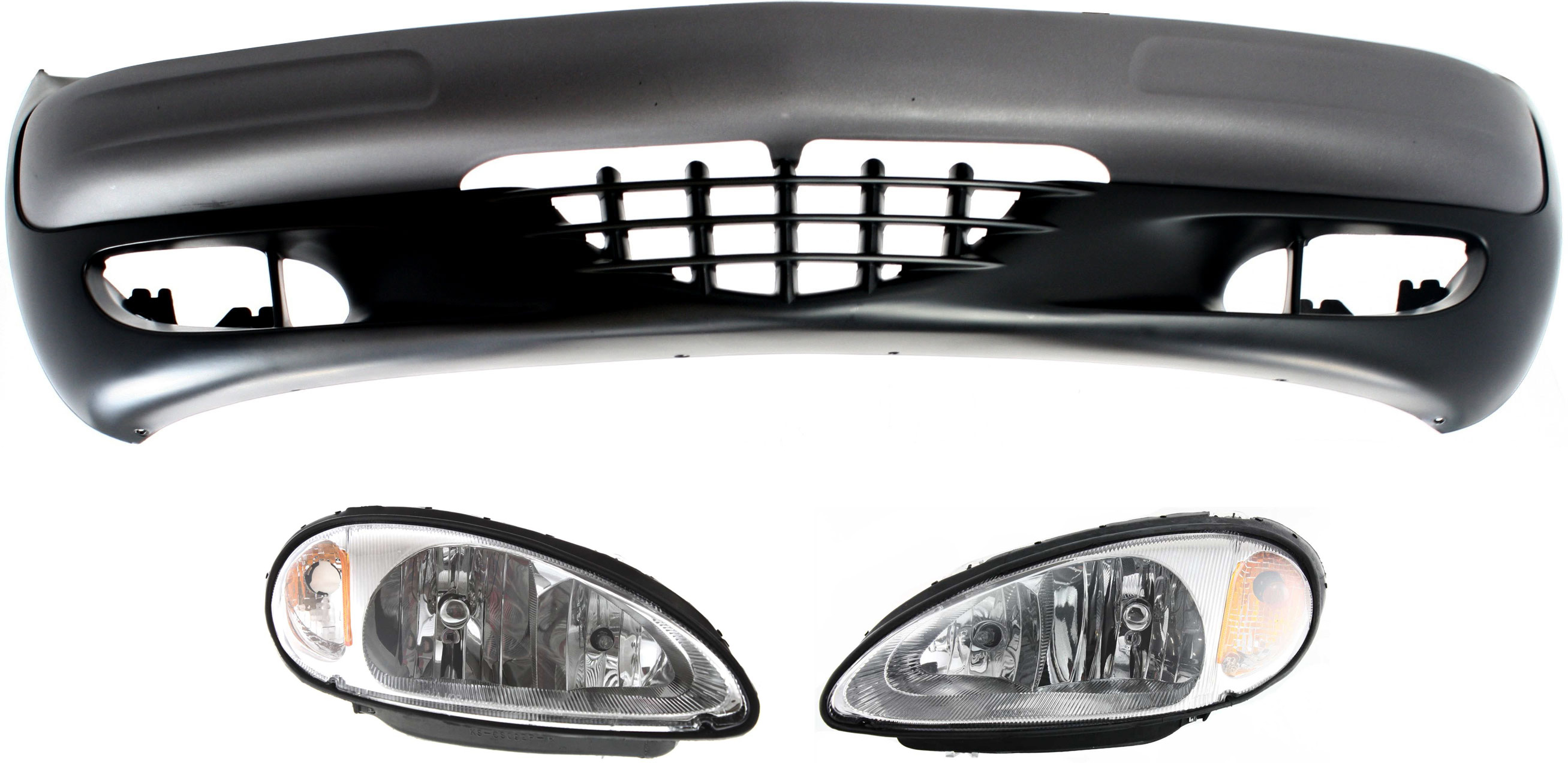 AM PT CRUISER 01-05 FRONT BUMPER COVER 3 pc Kit with Headlights SKU KIT 081618-16 Partslink CH1000293 CH2502131 CH2503131 OEM 5017861AB 5288765AI 5288764AI