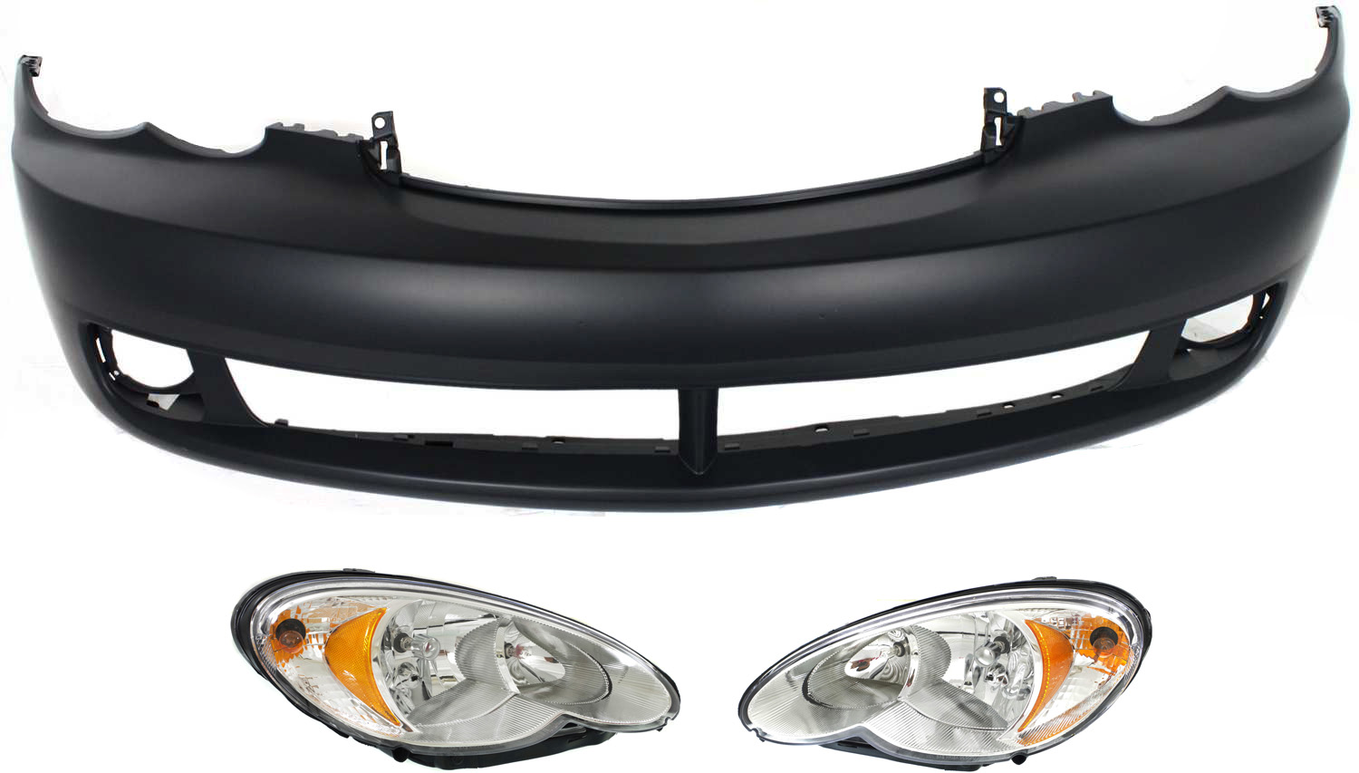 AM PT CRUISER 06-10 HEAD LAMP RH AND LH Assembly Halogen 3 pc Kit with Bumper Cover SKU KIT 081618-17 Partslink CH2503164 CH2502164 CH1000864 OEM 5116042AF 5116043AF 5179104AB