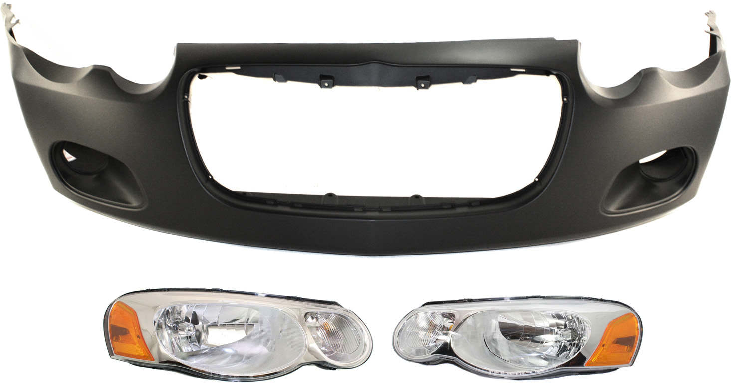 AM SEBRING 04-05 HEAD LAMP RH AND LH Assembly Halogen 3 pc Kit with Bumper Cover SKU KIT 081618-21 Partslink CH2503150 CH2502150 CH1000404 OEM 4806036AF 4806037AF 4805896AB