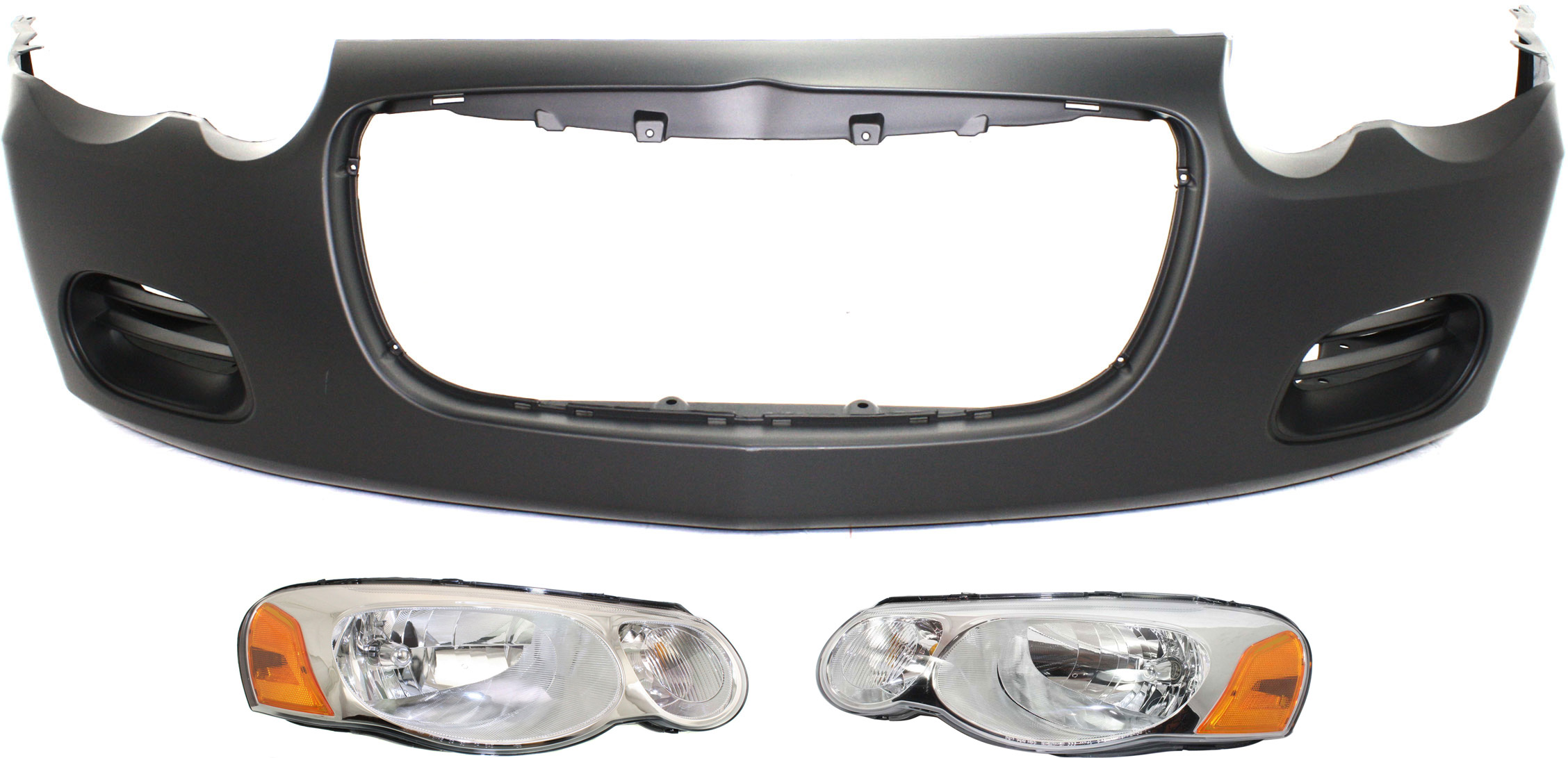 AM SEBRING 04-06 HEAD LAMP RH AND LH Assembly Halogen 3 pc Kit with Bumper Cover SKU KIT 081618-22 Partslink CH2502150 CH2503150 CH1000405 OEM 4806036AF 4806037AF 4805890AB