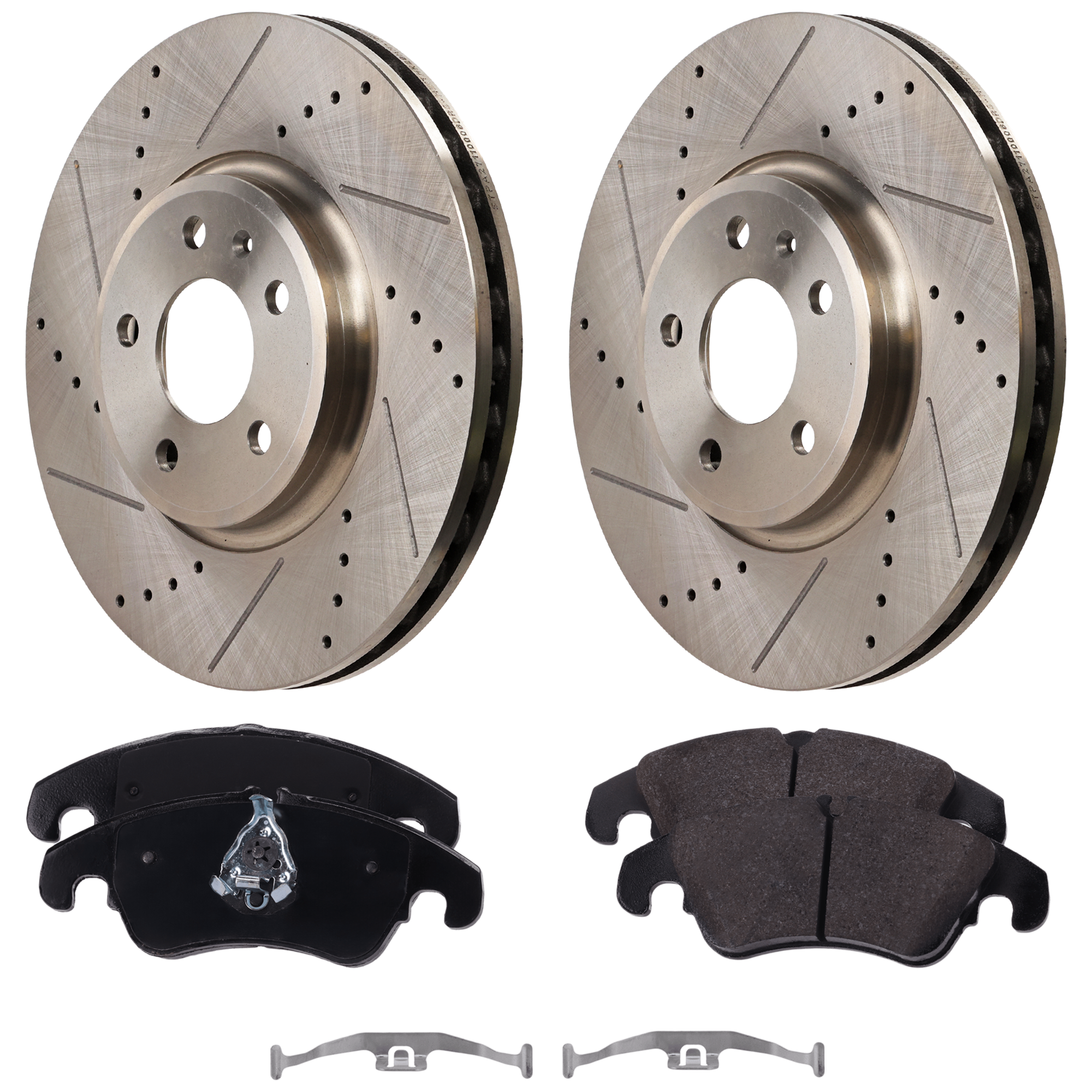 AM A4-09-11 A4 QUATTRO 09-12 FRONT BRAKE DISC AND PAD KIT 2 Wheel Set Cross drilled and Slotted 5 Lugs Cast Iron Non Asbestos Organic SKU KIT 081723-01 OEM 34406-45459-850174-900806-6007