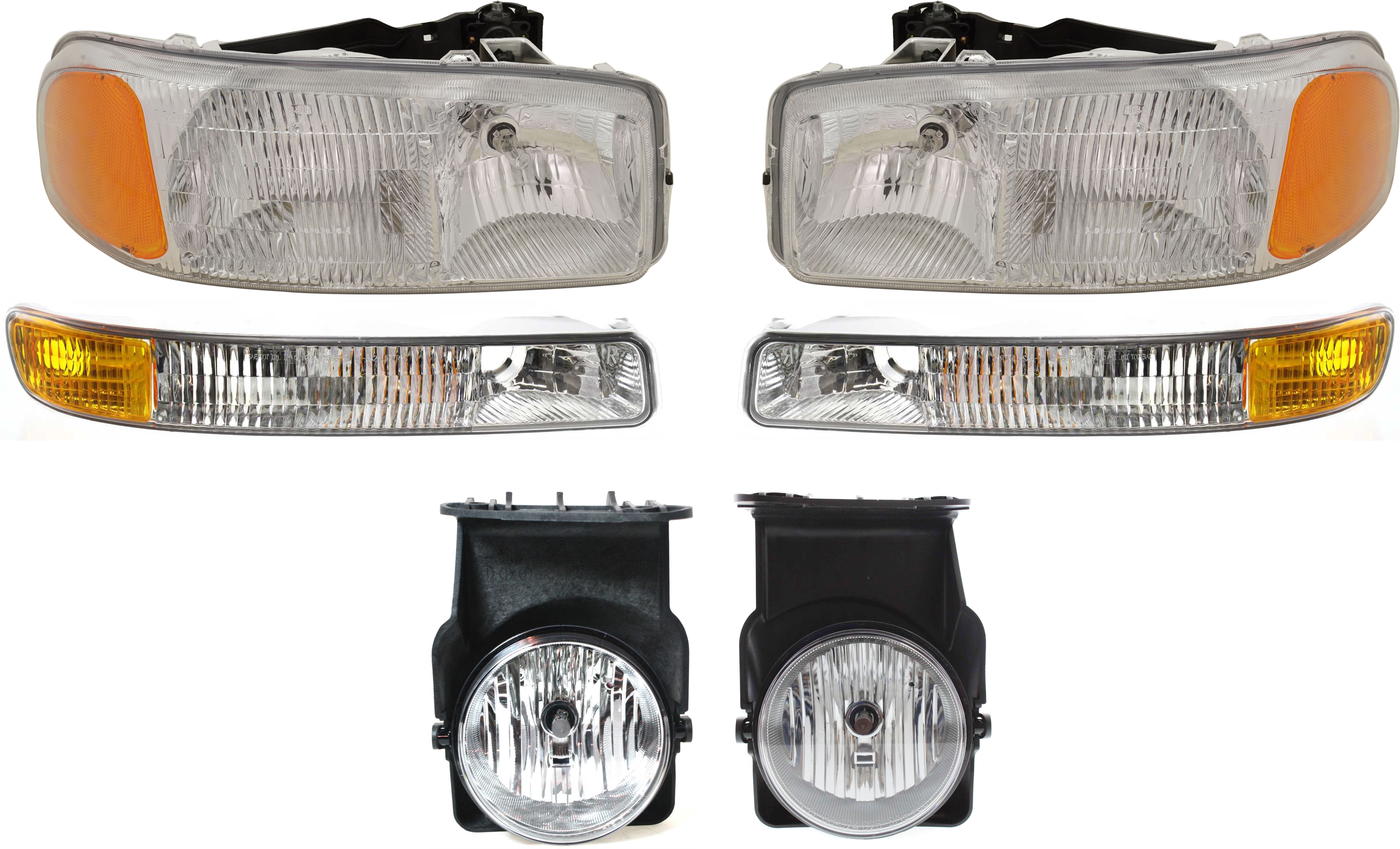 AM GMC C K FULL SIZE PICKUP 05-06 HEAD LAMP RH AND LH Assembly Halogen 6 pc Kit with Fog Lights and Parking Lights Includes 2007 Classic SKU KIT 082218-07 Partslink GM2503188 GM2502188 GM2592154 GM2593154 GM2520174 GM2521174 OEM 15850352-15850351-15776382-157