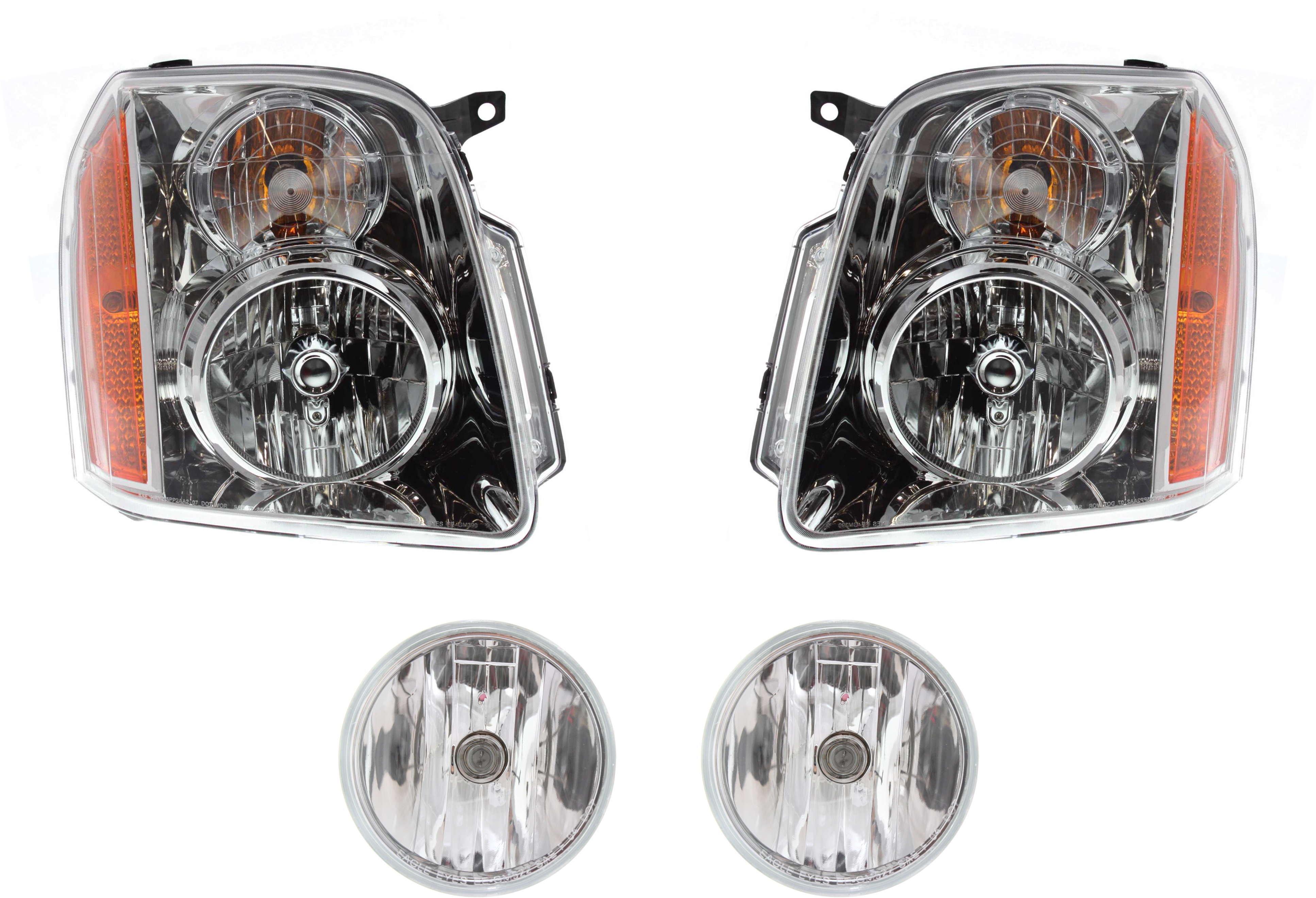 AM YUKON YUKON XL 1500-07-14 HEAD LAMP RH AND LH Assembly Halogen 4 pc Kit with Fog Lights SKU KIT 082218-09 Partslink GM2503265 GM2502265 GM2590104 OEM 20969895-20969894-15839896