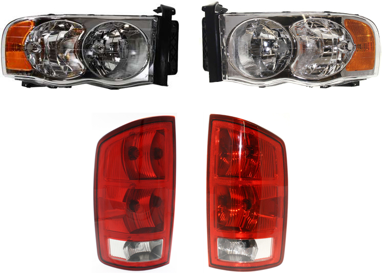 AM DODGE FULL SIZE P U 02-05 HEAD LAMP RH AND LH with Bulbs 4 pc Kit with Tail Light SKU KIT 082218-10 OEM 55077120AF 55077120AG 55077121