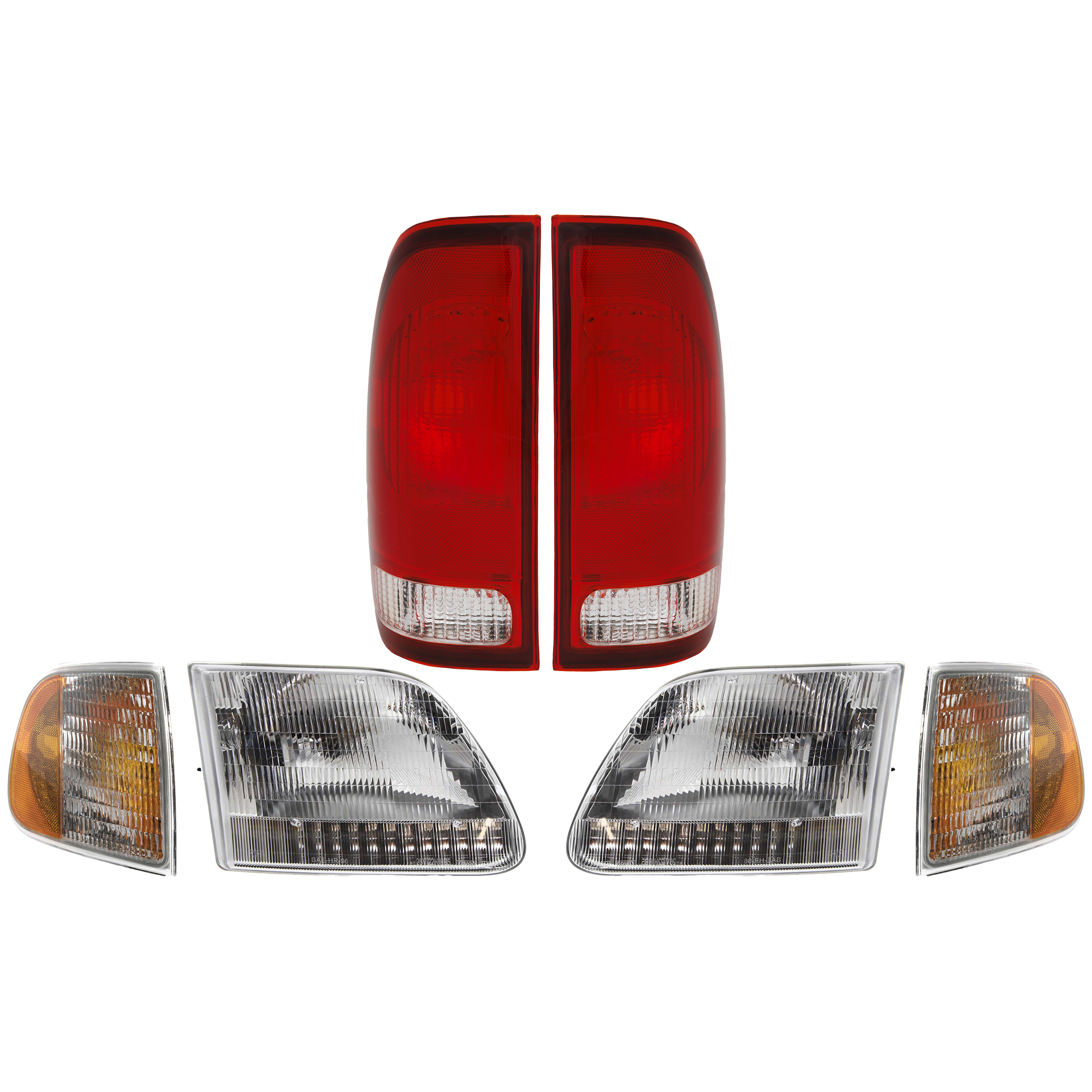 AM F SERIES 97-03 HEAD LAMP RH AND LH w Bulbs 6 pc Kit w Corner Light and Tail Light SKU KIT 082218-14 Partslink FO2503139 FO2502139 FO2550118 FO2551118 FO2800117 FO2801117 OEM 3L3Z13008CA 3L3Z13008DA F75Z13