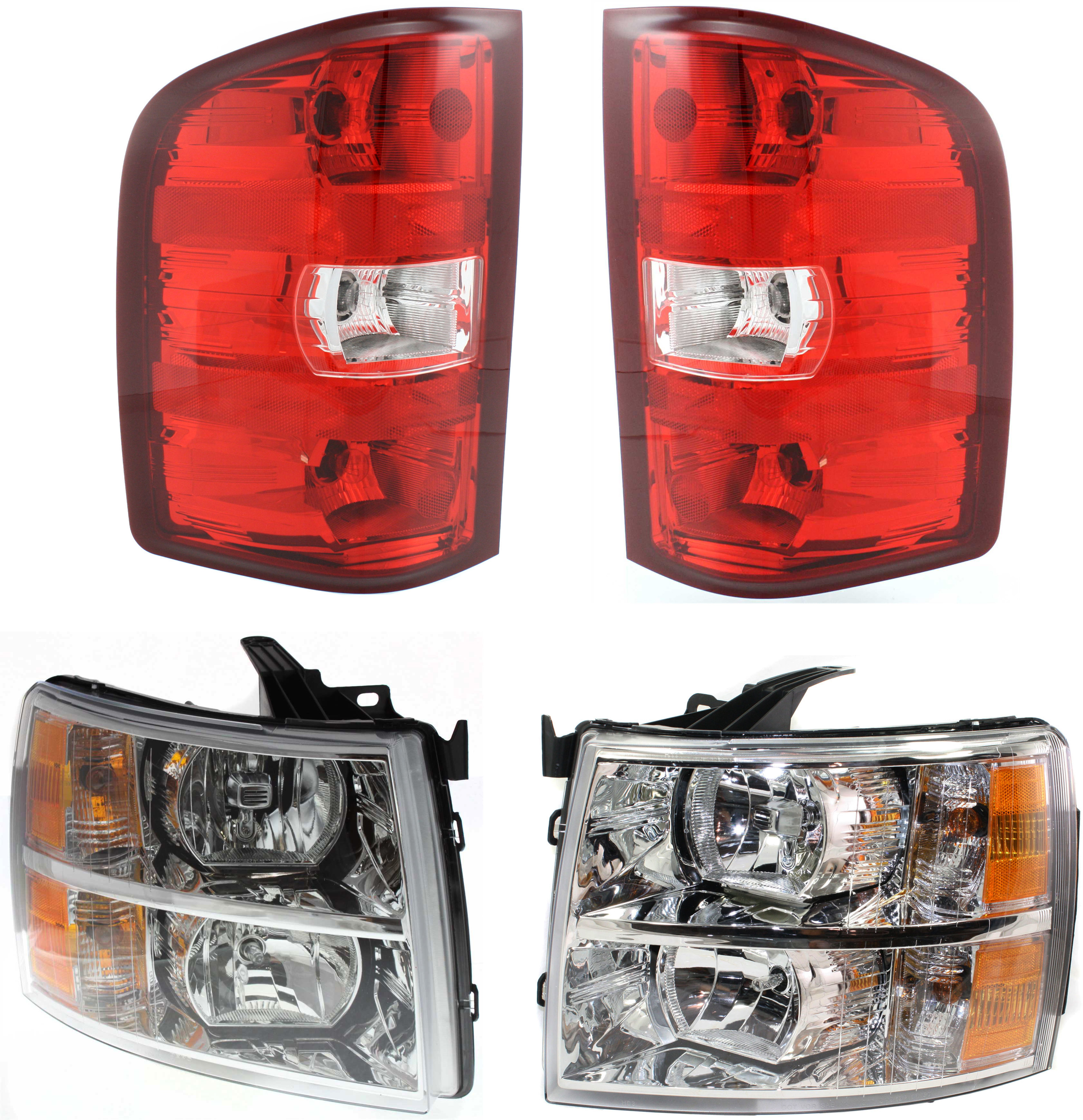 AM SILVERADO 2500 HD 3500 HD 07-14 HEAD LAMP RH AND LH Assembly Halogen 4 pc Kit with Tail Lights SKU KIT 082218-19 Partslink GM2503280 GM2502280 GM2800207 GM2801207 OEM 22853028-22853027-25958482-259
