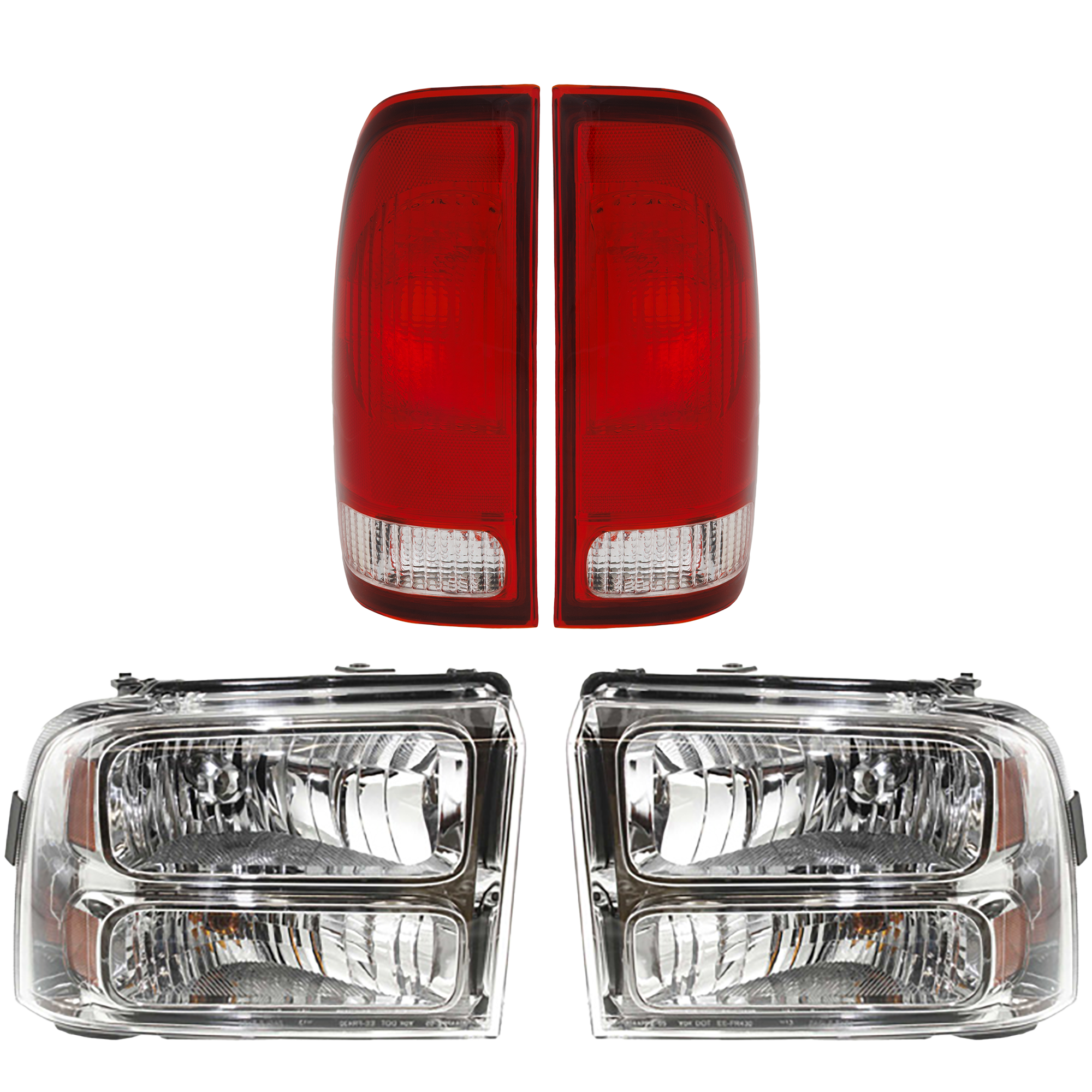 AM F 250 F 350 SUPER DUTY 05-07 HEAD LAMP RH AND LH w Bulbs 4 pc Kit w Tail Lights SKU KIT 082218-22 Partslink FO2503217 FO2502217 FO2800117 FO2801117 OEM 6C3Z13008AB 6C3Z13008BB F85Z13