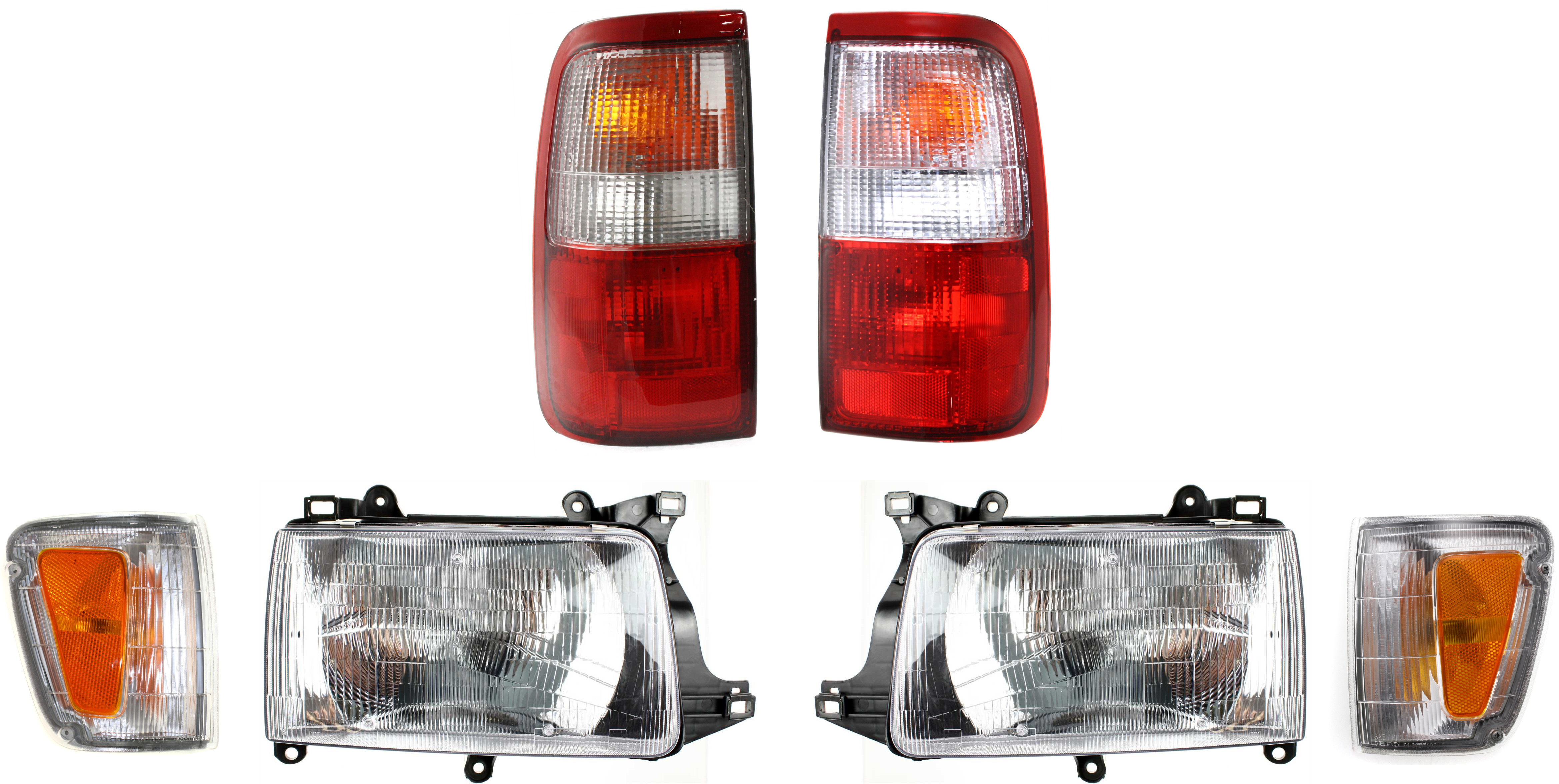 AM T100-93-98 HEAD LAMP RH AND LH with Bulbs 6 pc Kit with Tail Light and Corner Light SKU KIT 082218-23 Partslink TO2503119 TO2502119 TO2520140 TO2521140 TO2818102 TO2819102 OEM 8111034010-8115034010-81620340