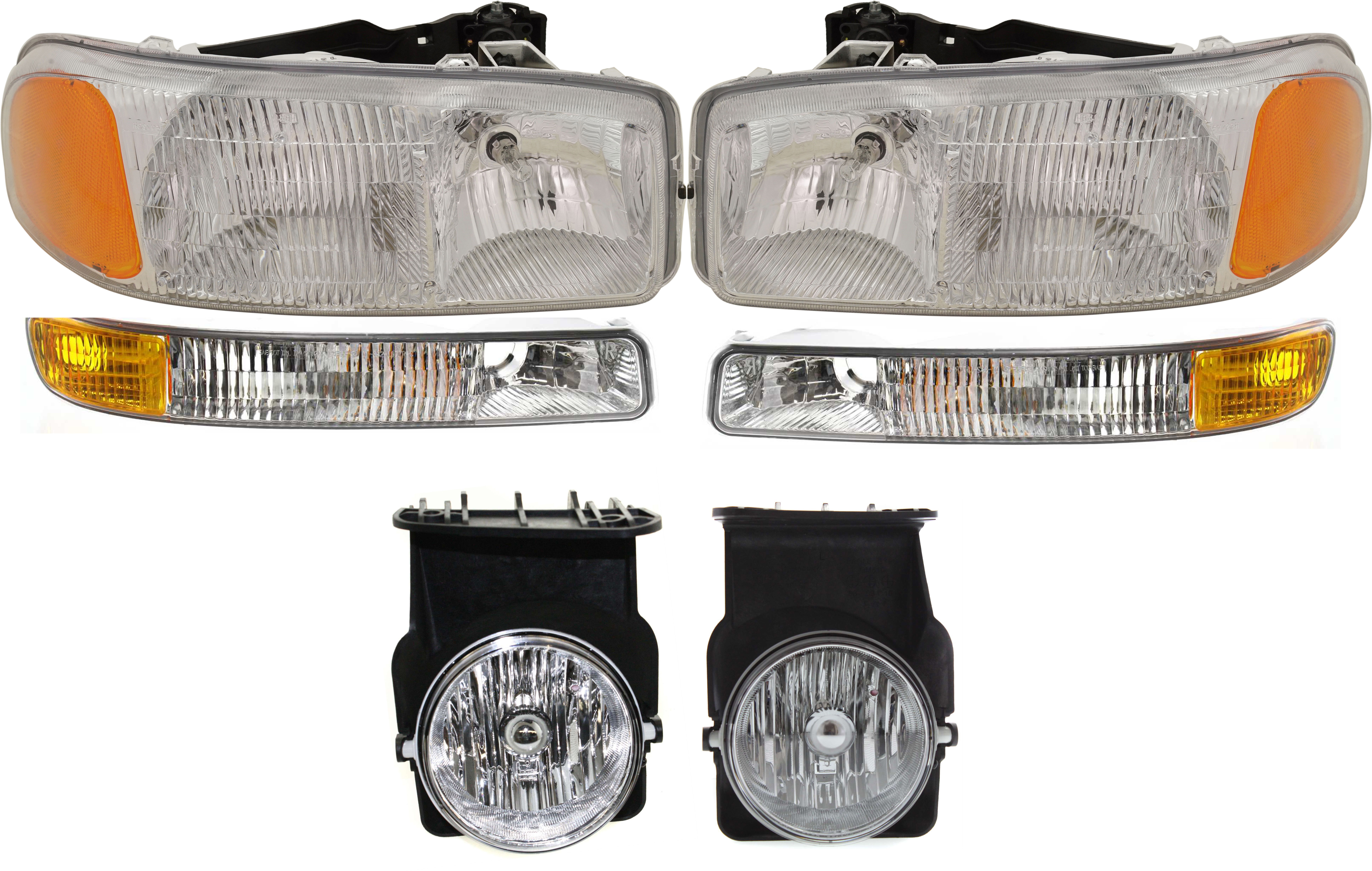 AM SIERRA P U 03-04 HEAD LAMP RH AND LH with Bulbs 6 pc Kit with Fog Light and Parking Light SKU KIT 082218-25 Partslink GM2503188 GM2502188 GM2592128 GM2593128 GM2520174 GM2521174 OEM 15850352-15850351-15190984-151