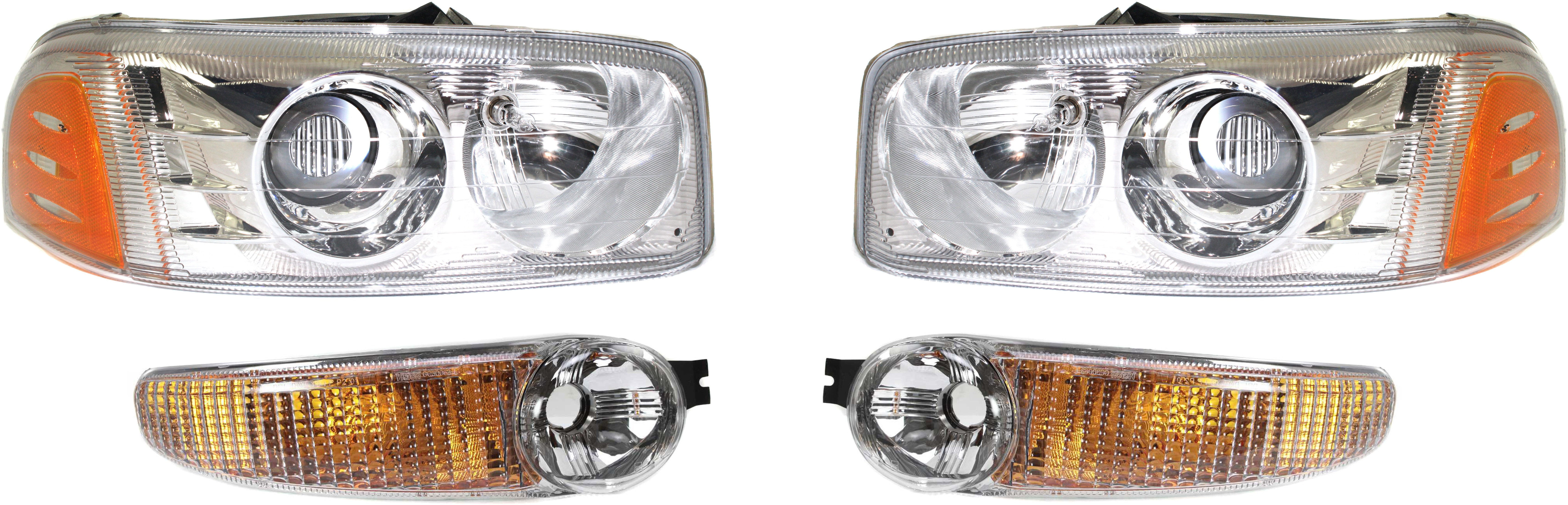 AM YUKON 01-06 SIERRA 1500 CLASSIC 07-07 HEAD LAMP RH AND LH with Bulbs 4 pc Kit with Parking Lights SKU KIT 082218-28 Partslink GM2503214 GM2502214 GM2520182 GM2521182 OEM 15218078-15218077-15199554-151
