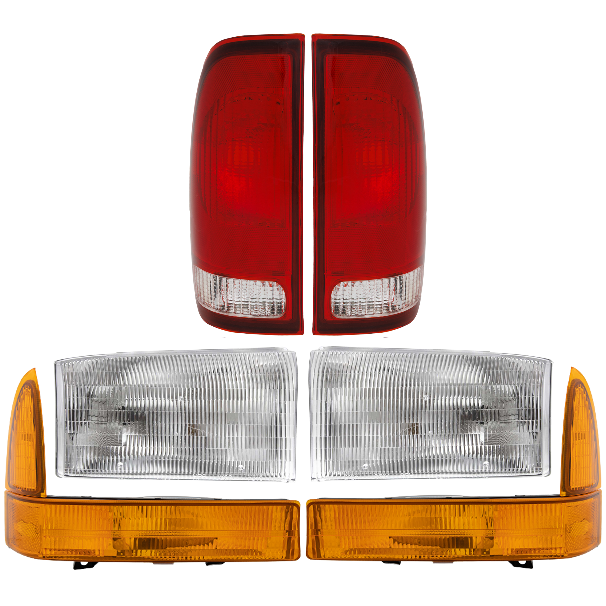 AM F SERIES SUPER DUTY 99-01 HEAD LAMP RH AND LH w Bulbs 6 pc Kit w Corner Light and Tail Light SKU KIT 082218-29 Partslink FO2503147 FO2502147 FO2520141 FO2521141 FO2800117 FO2801117 OEM 1C3Z13008AA 1C3Z13008BA XC3Z13