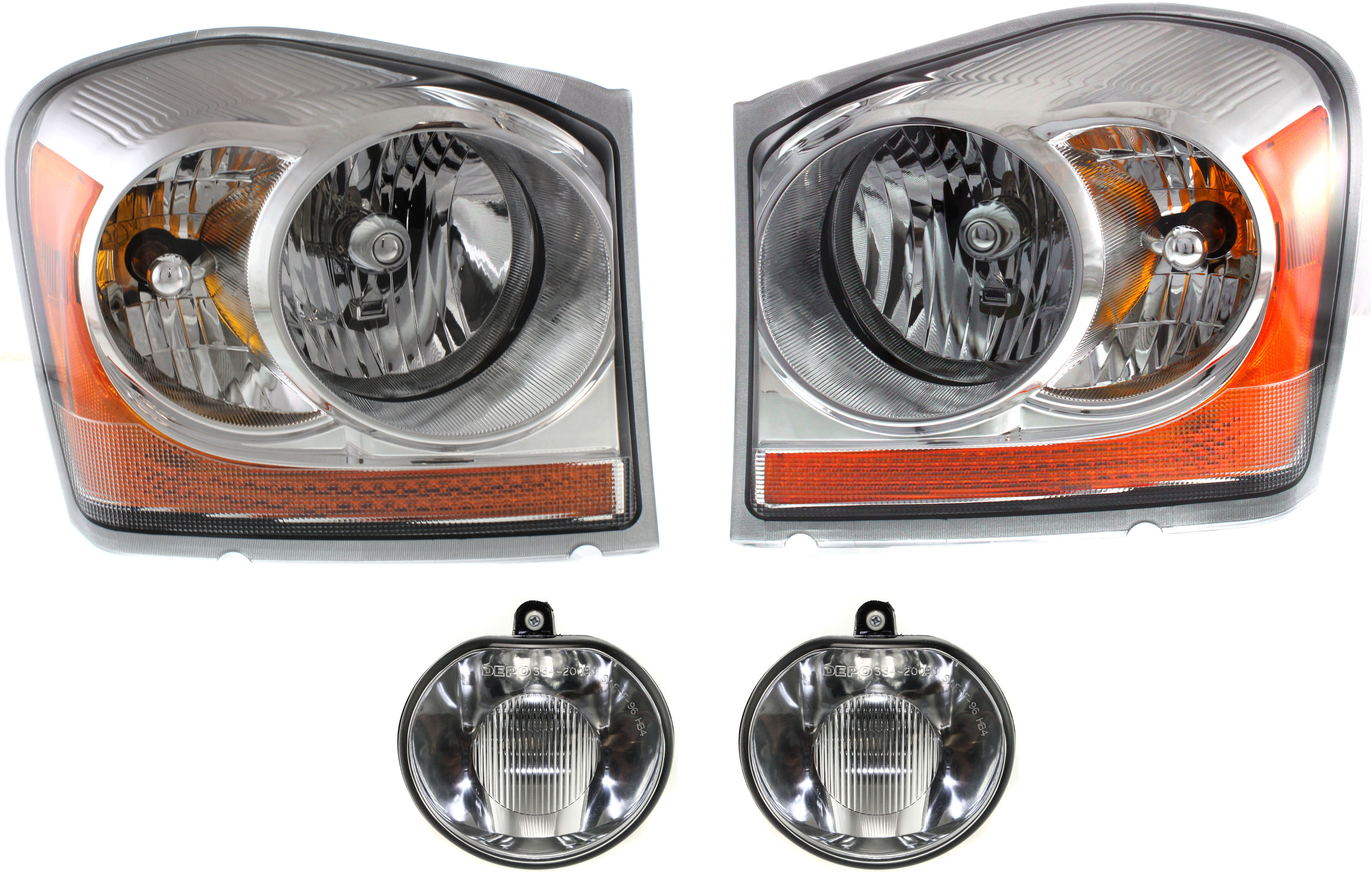 AM DURANGO 06-06 HEAD LAMP RH AND LH Assembly Halogen 4 pc Kit with Fog Lights SKU KIT 082218-30 Partslink CH2503169 CH2502169 CH2592127 OEM 55077720AE 55077721AE 55077470
