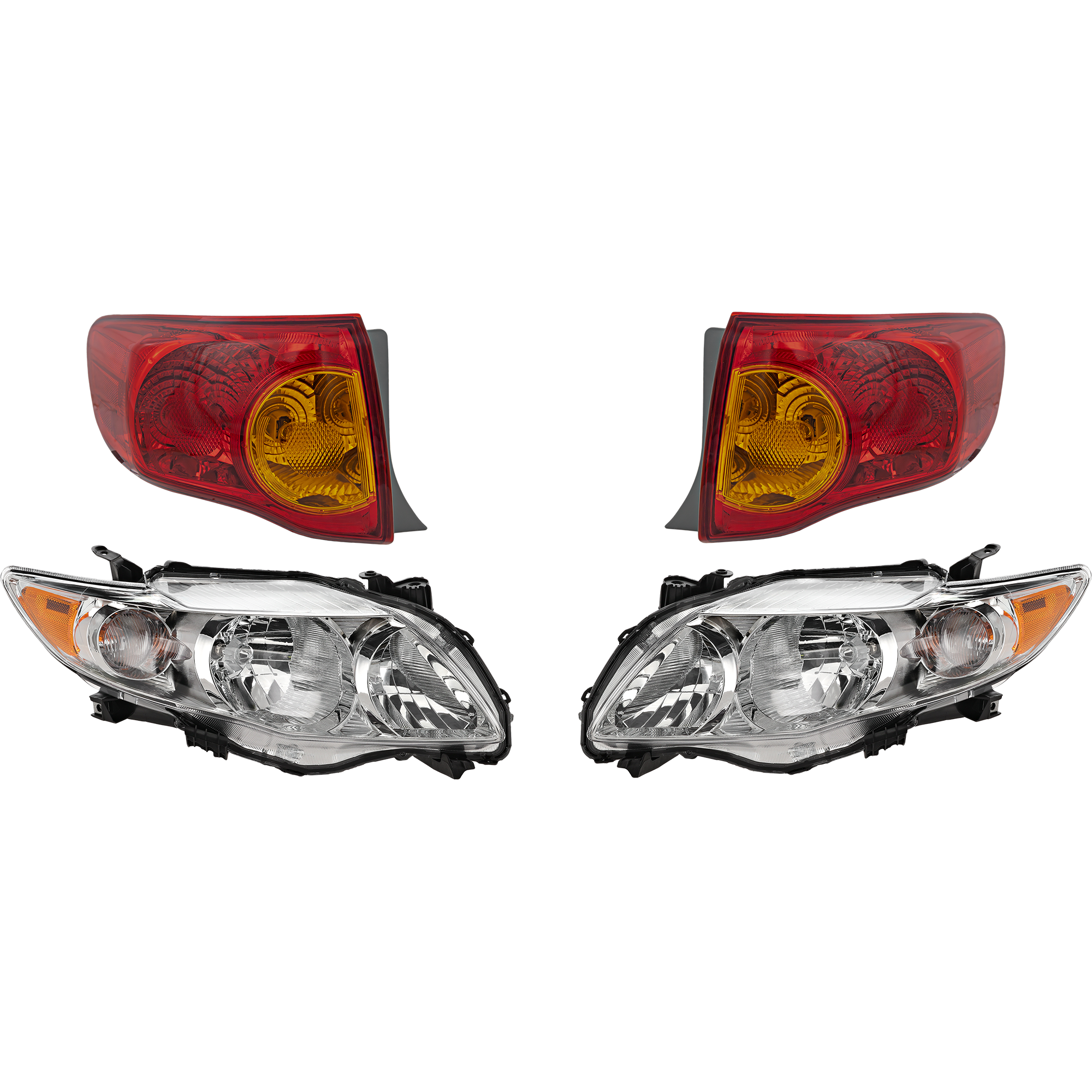 AM COROLLA 09-10 HEAD LAMP RH AND LH Assembly Halogen 4 pc Kit with Tail Lights SKU KIT 082218-32 Partslink TO2503182 TO2502182 TO2800175 TO2801175 OEM 8111002670-8115002670-81560024