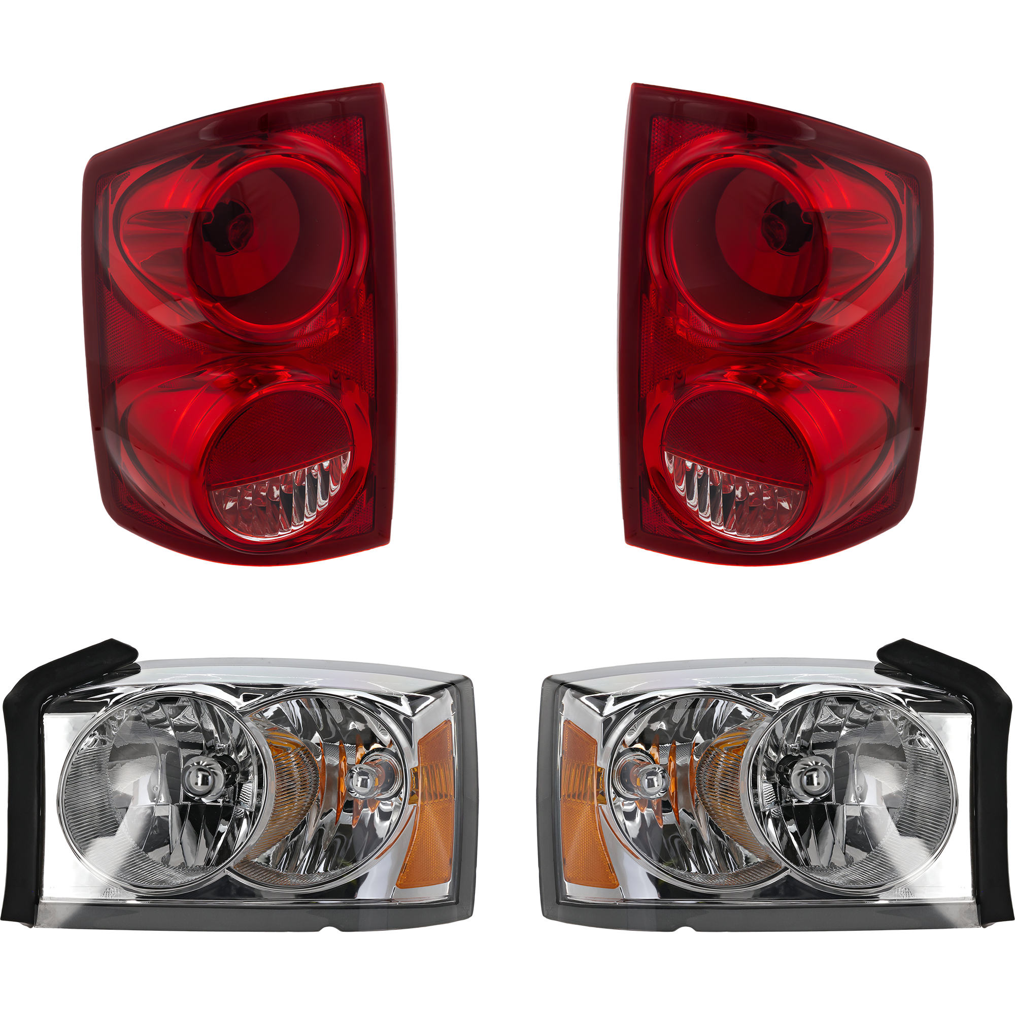 AM DAKOTA 05-07 HEAD LAMP RH AND LH Assembly Halogen 4 pc Kit with Tail Lights SKU KIT 082218-34 Partslink CH2502159 CH2503159 OEM 55077606AB 55077607AB 55077605