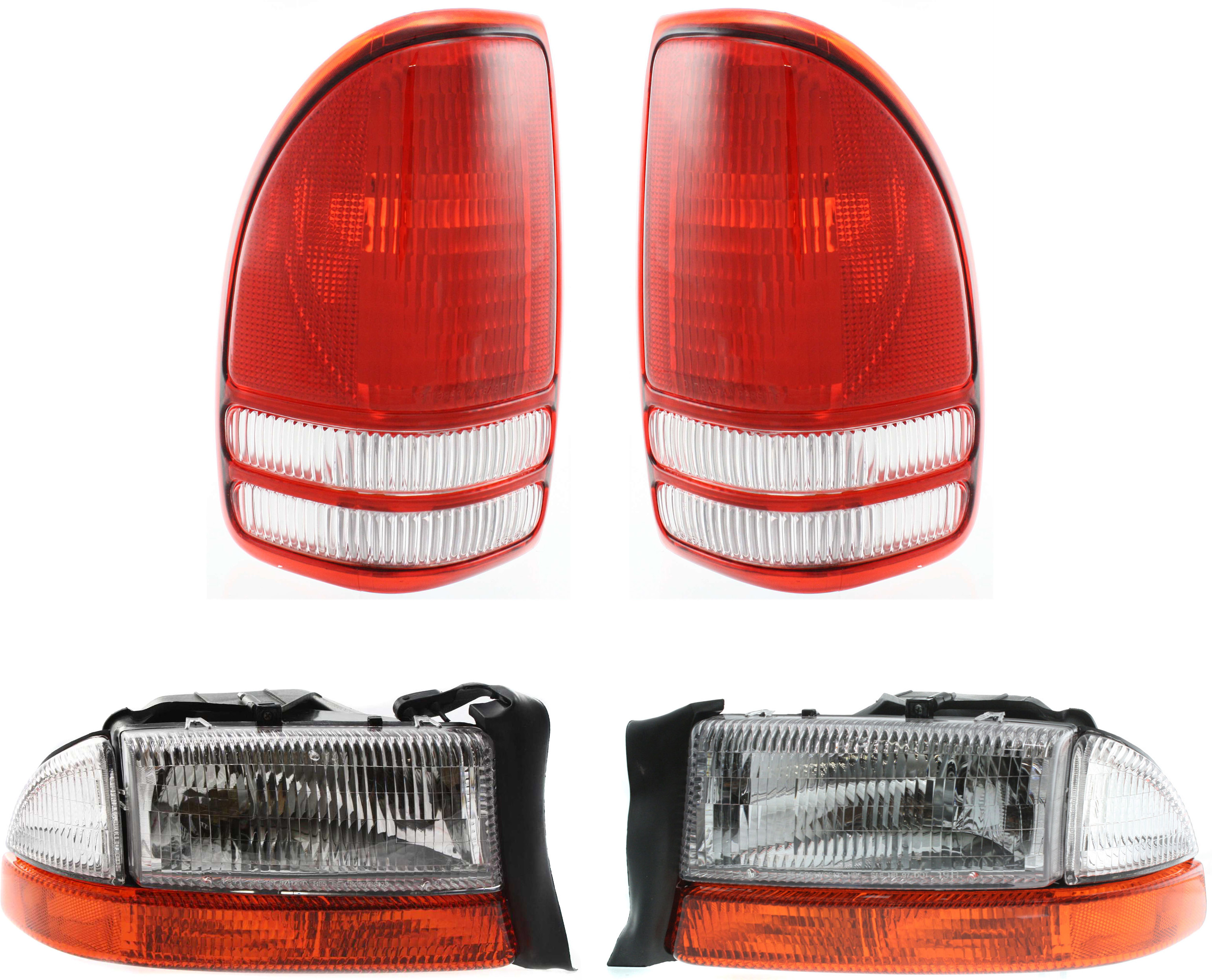 AM DAKOTA 97-04 HEAD LAMP RH AND LH with Bulbs 4 pc Kit with Tail Lights SKU KIT 082218-35 Partslink CH2503122 CH2502122 CH2800126 CH2801126 OEM 55055110AI 55055111AI 55055113