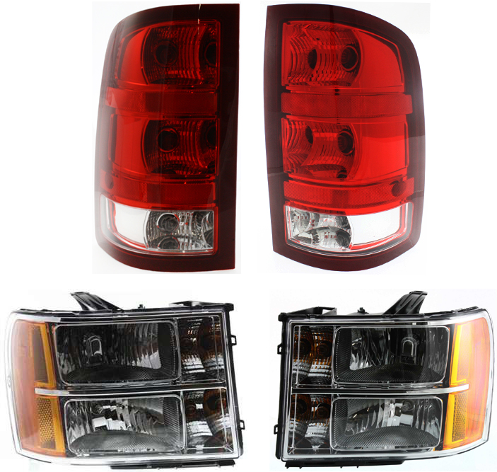 AM SIERRA 07-14 HEAD LAMP RH AND LH with Bulbs 4 pc Kit with Tail Lights SKU KIT 082218-40 Partslink GM2503283 GM2502283 GM2800208 GM2801208 OEM 22853030-20980241-25958484-259