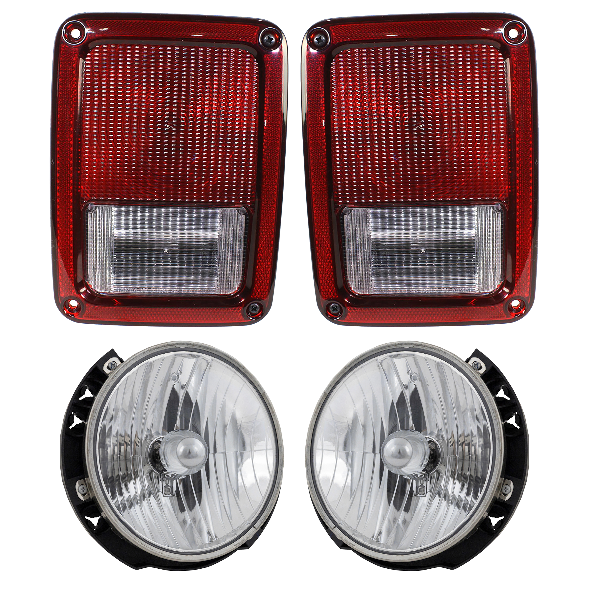 AM WRANGLER 07-17 TAIL LAMP RH AND LH 4 pc Kit with Headlight SKU KIT 082218-47 Partslink CH2801177 CH2800177 CH2502174 CH2503175 OEM 55077890AH 55077891AH 55078149