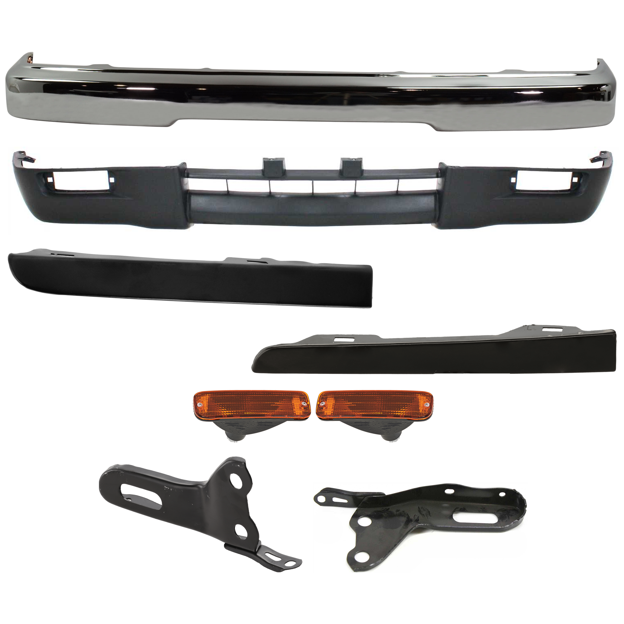 AM TACOMA 95-97 FRONT BUMPER 8 pc Kit with Valance Bumper Bracket Turn Signal Light and Headlight Filler SKU KIT 082224 C508 Partslink TO1002156 TO1066115 TO1067115 TO1088106 TO1089106 TO2530122 TO2531122 TO1095175 OEM 5210104080-52012AD010-52011AD0