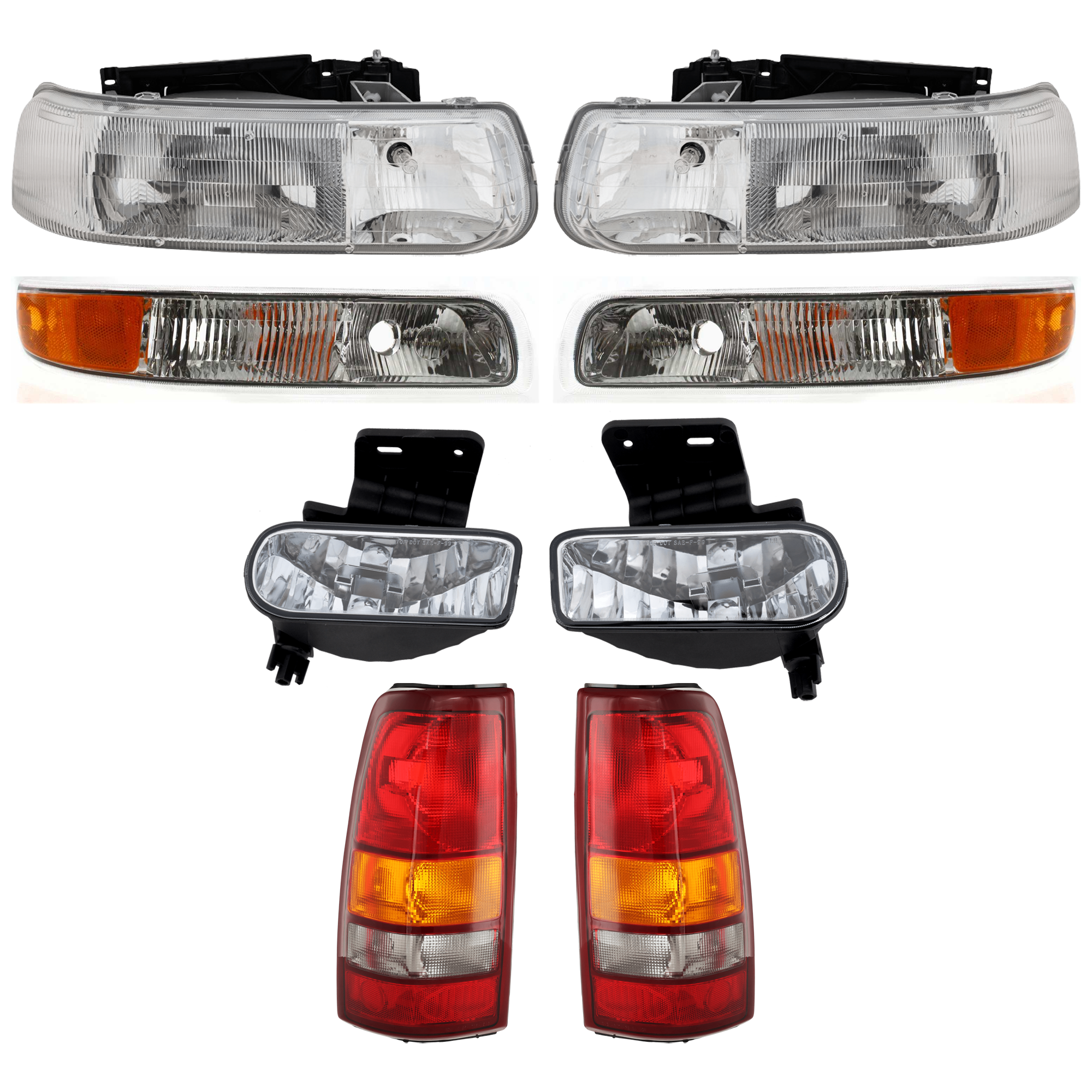 AM SILVERADO 1500-2500-99-02 TAIL LAMP RH AND LH Lens and Housing Halogen 8 pc Kit with Headlight Fog Light and Parking Light SKU KIT 082224 C510 Partslink GM2593113 GM2592113 GM2502187 GM2503187 GM2520173 GM2521173 OEM 19169017 PFM 19169018 PFM 1943