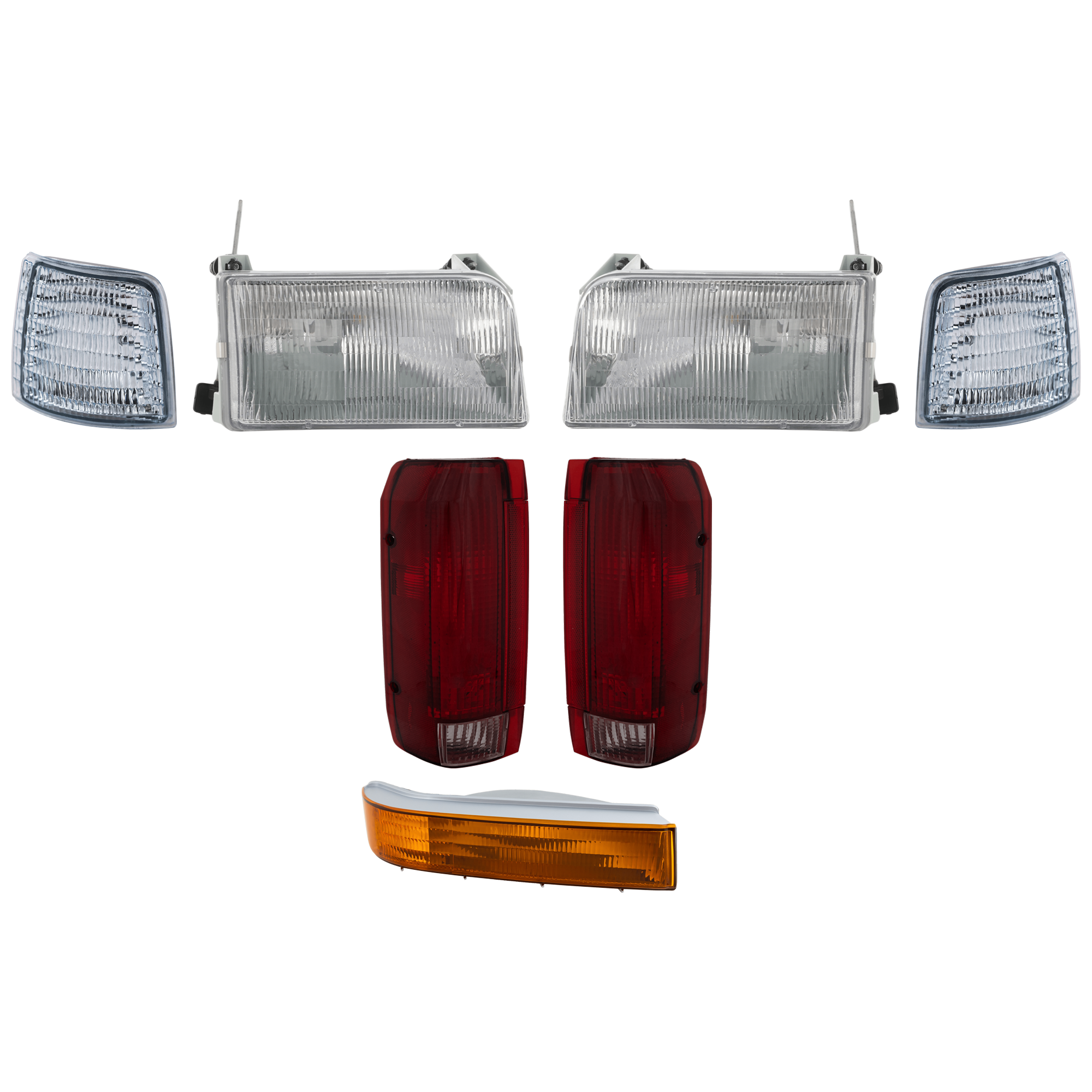 AM F SERIES 92-97 HEAD LAMP BRACKET RH AND LH 7 pc kit Assembly Halogen with Tail Light Turn Signal Light and Corner Light SKU KIT 082224 C513 Partslink FO2502118 FO2503114 FO2550110 FO2551108 FO2801105 FO2800106 FO2521114 OEM F2TZ13008A F2TZ13008B F2TZ15A2
