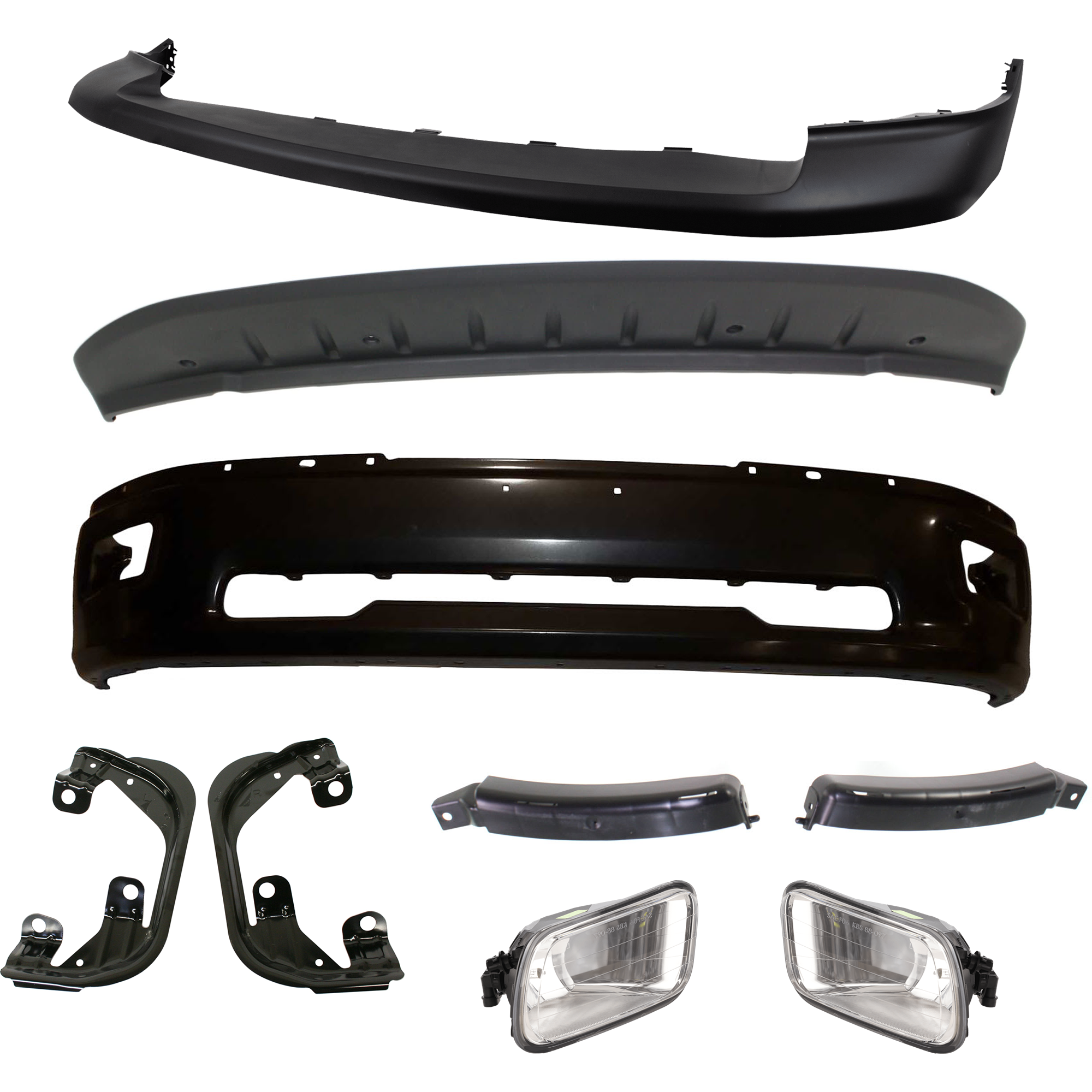 AM RAM 1500-09-10-1500-11-12 FRONT BUMPER 9 pc kit w Bumper Cover Valance Bumper Bracket Fog Light and Fog Light Bracket SKU KIT 082224 C517 Partslink CH1002384 CH1061101 CH1014102 CH1061100 CH1090133 OEM 68206067AA 55112609AA 68056630