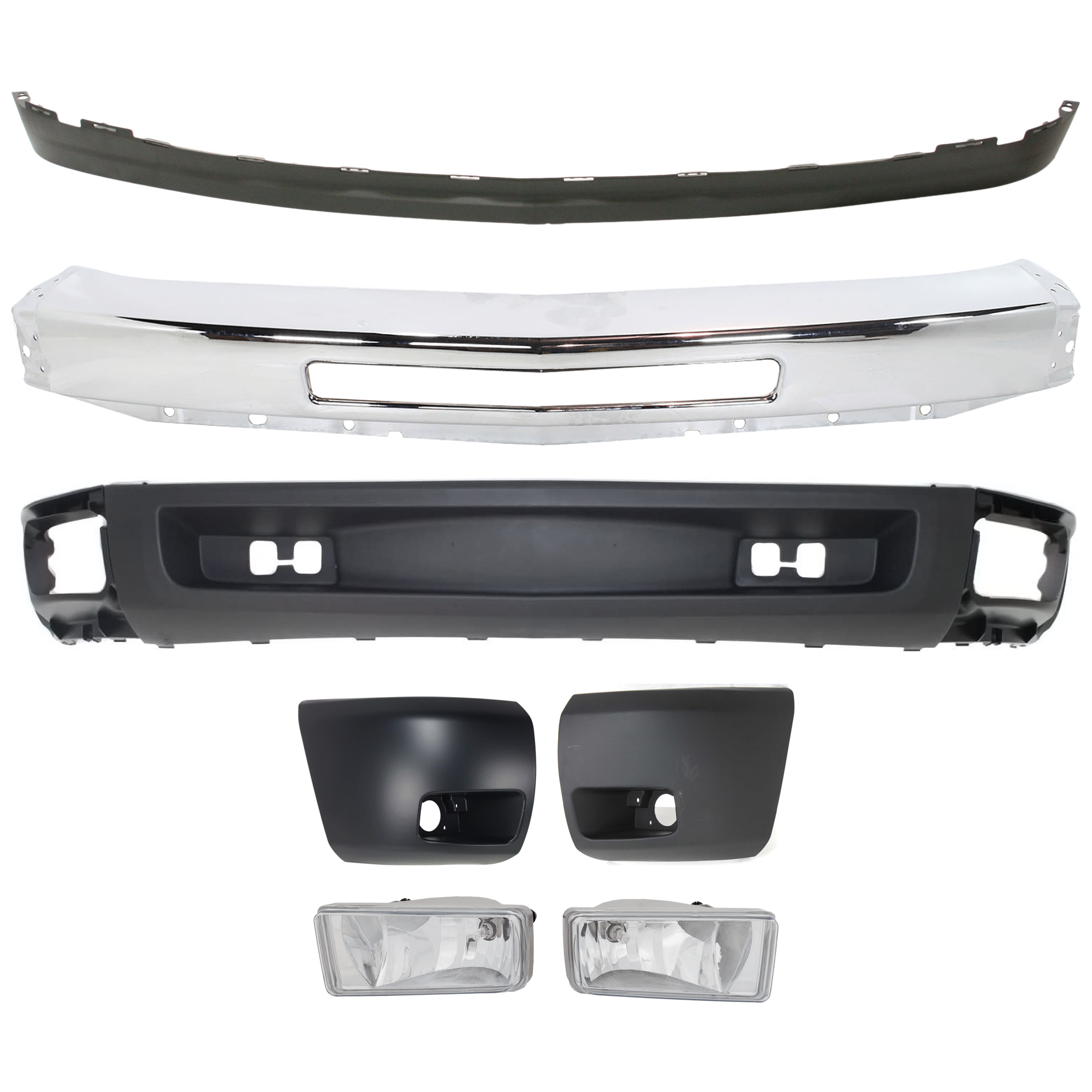AM SILVERADO 1500-09-13 FRONT BUMPER 3 pc Kit with Fog Light Valance and Bumper End SKU KIT 082224 C521 Partslink GM1002831 GM1005147 GM1004147 GM2593160 GM2592160 GM1092191 GM1092192 OEM 15941850-15891682-15891681-228