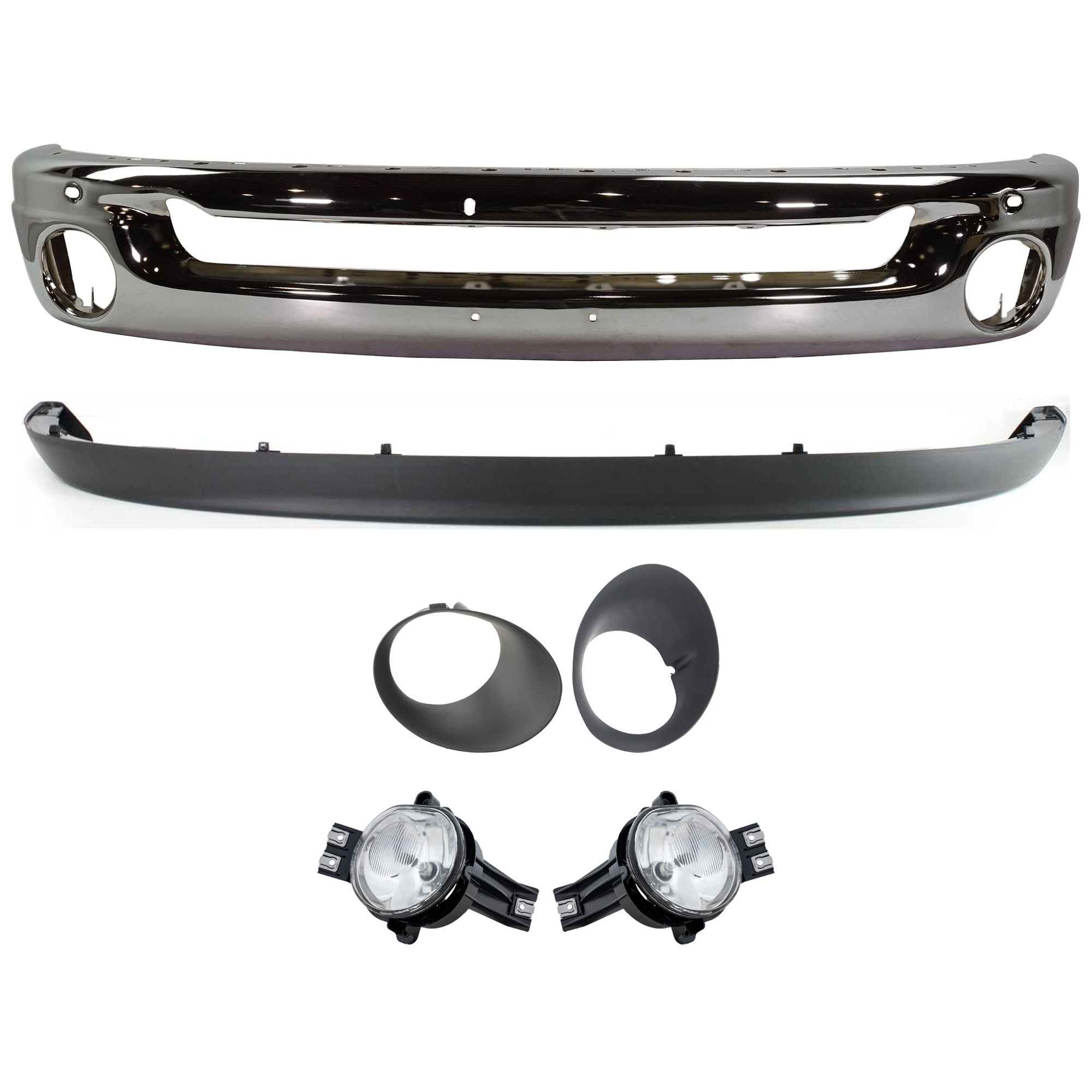 AM RAM 1500-02-08 RAM 2500-03-09 FRONT BUMPER 6 pc kit w Valance Fog Light and Fog Light Trim SKU KIT 082224 C523 Partslink CH1002383 CH2592121 CH2593121 CH2598101 CH2599101 CH1090125 OEM 55077946AB 55077475AE 55077474