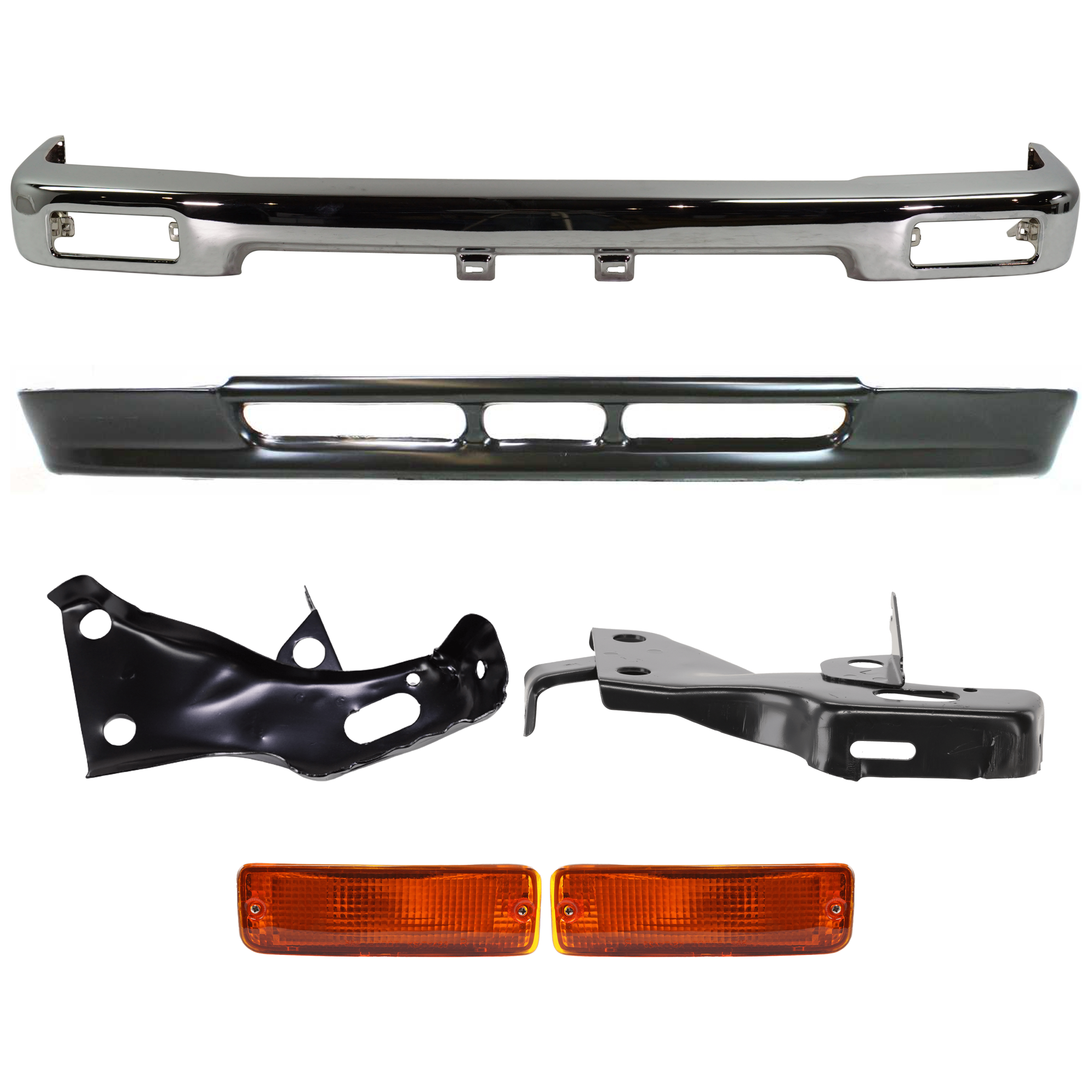 AM TOYOTA PICKUP 92-95 FRONT BUMPER 6 pc Kit with Valance Turn Signal Light and Bumper Bracket SKU KIT 082224 C525 Partslink TO1002102 TO1067107 TO1066107 TO2521107 TO2520105 TO1095104 OEM 5210135070-5201135060-52012350